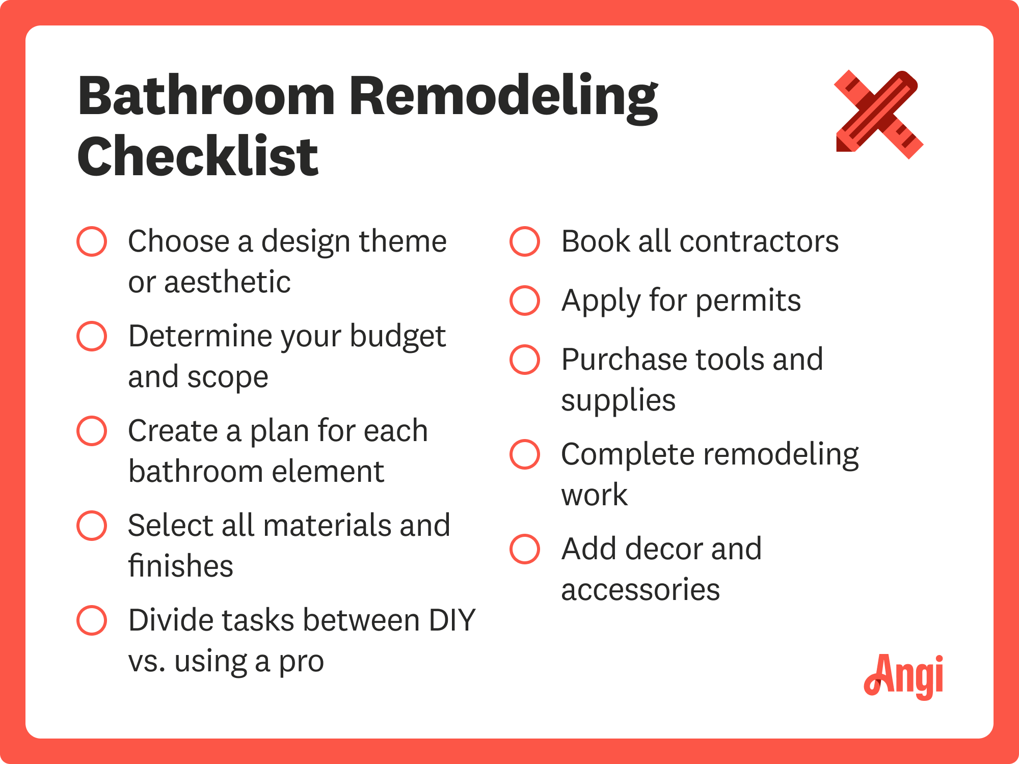 Bathroom remodeling checklist, including applying for permits and booking all contractors