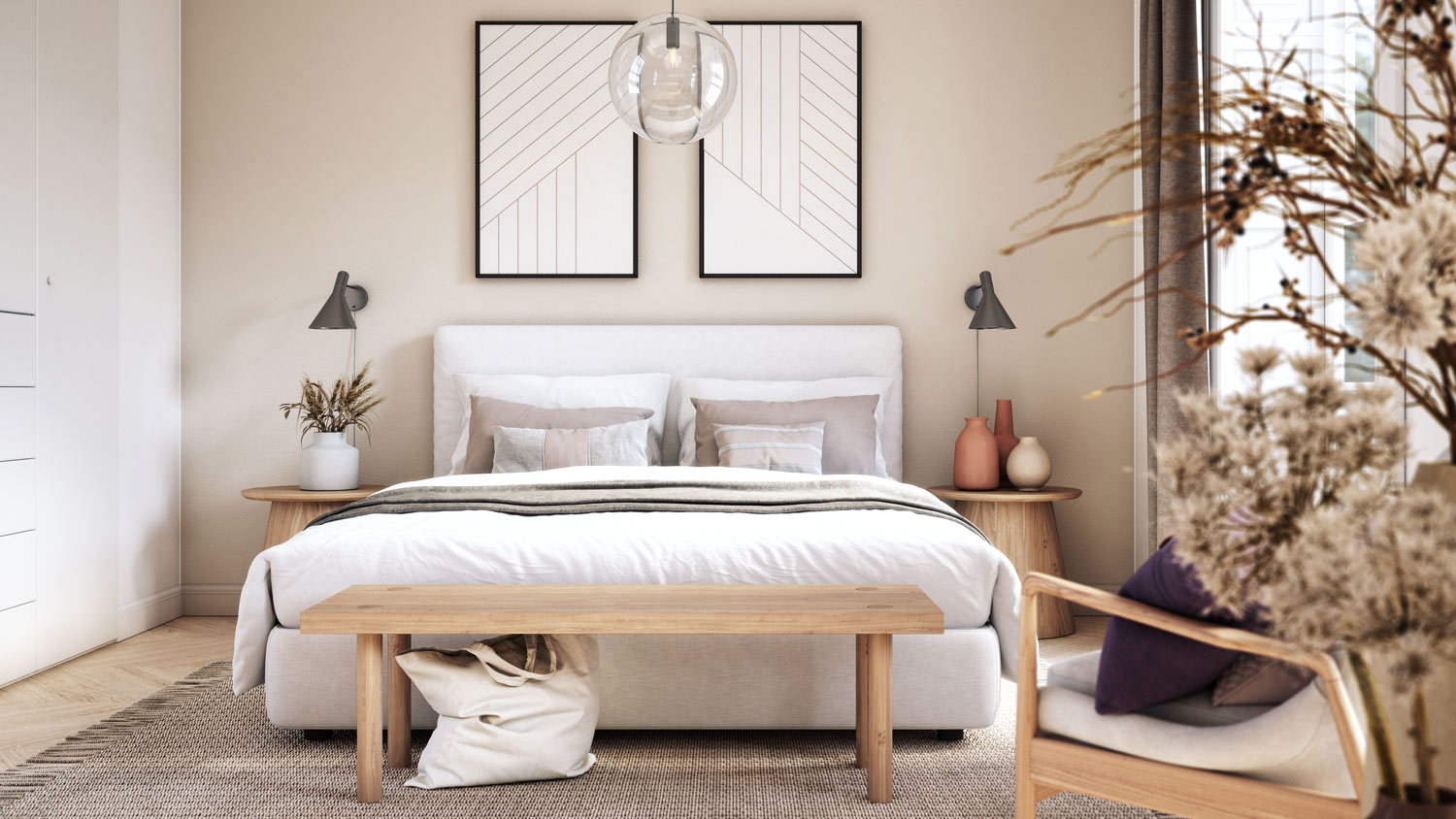 A scandinavian bedroom with beige walls