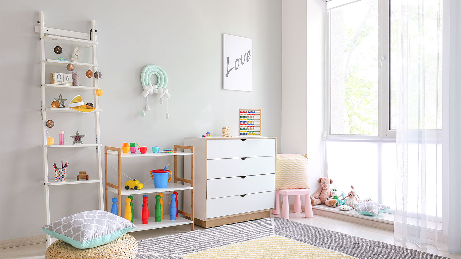Bright bedroom for kids with toys on shelves