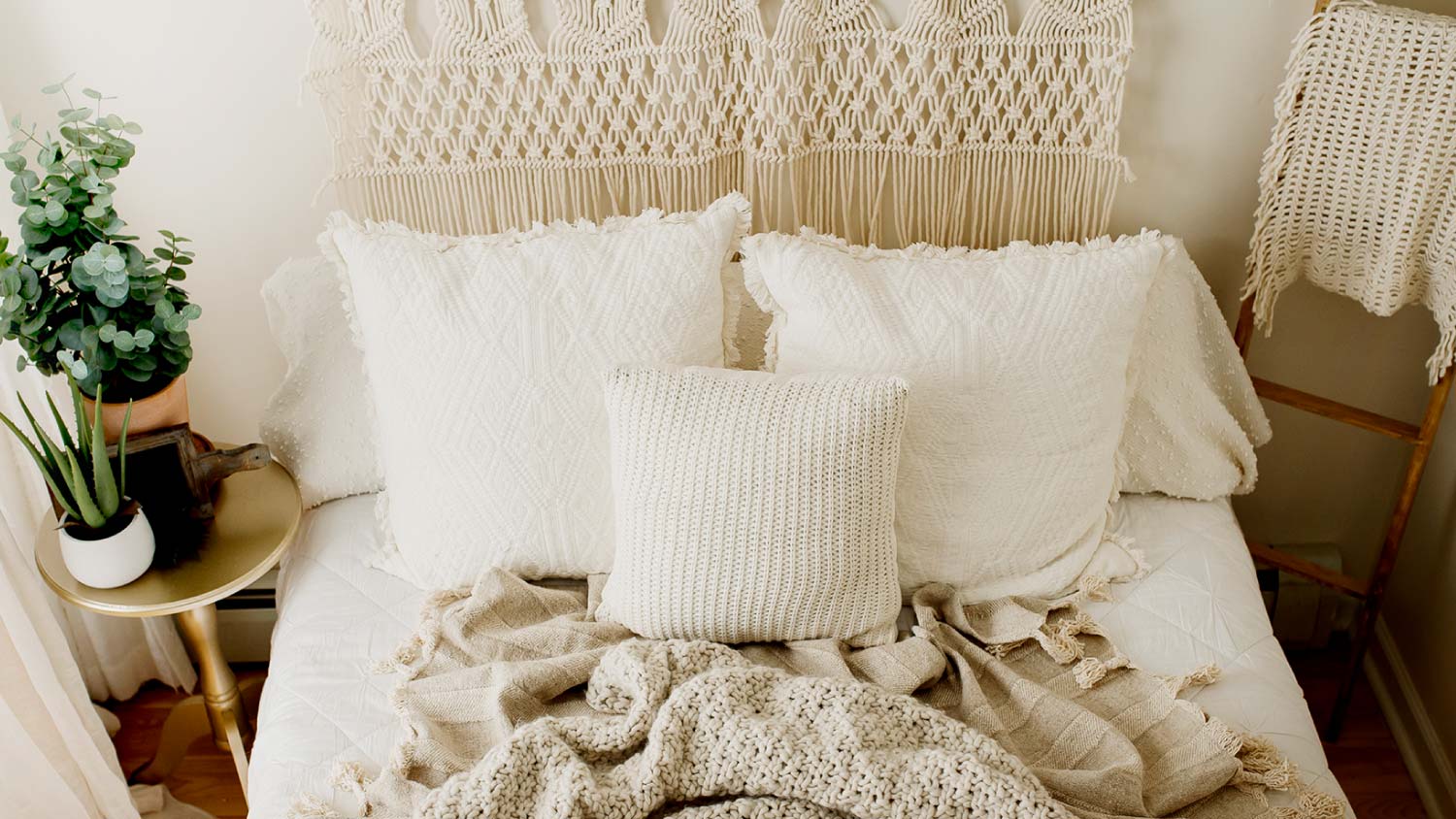 bohemian bedroom with macrame art