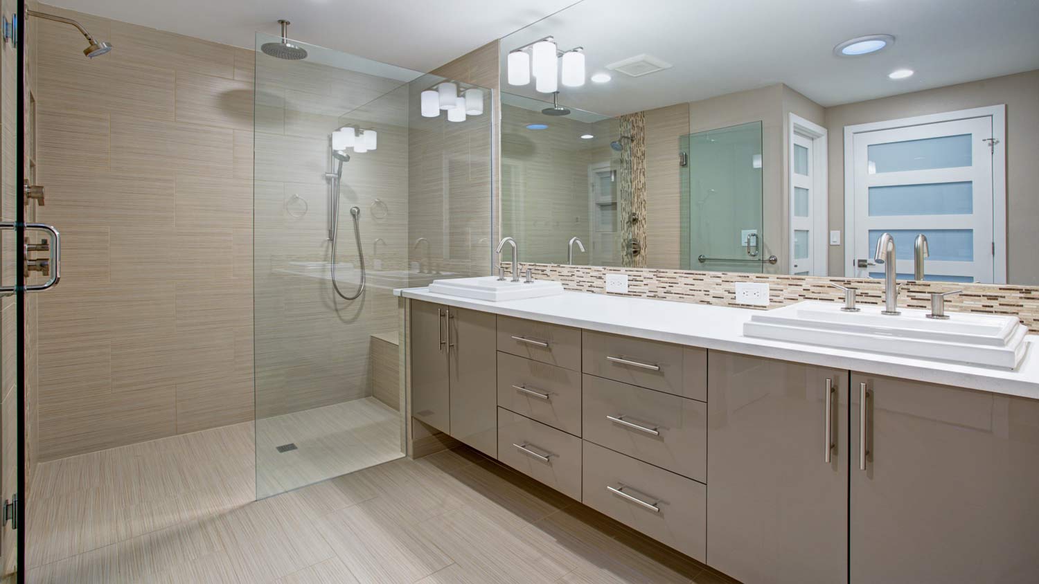 bathroom with beige curbless shower