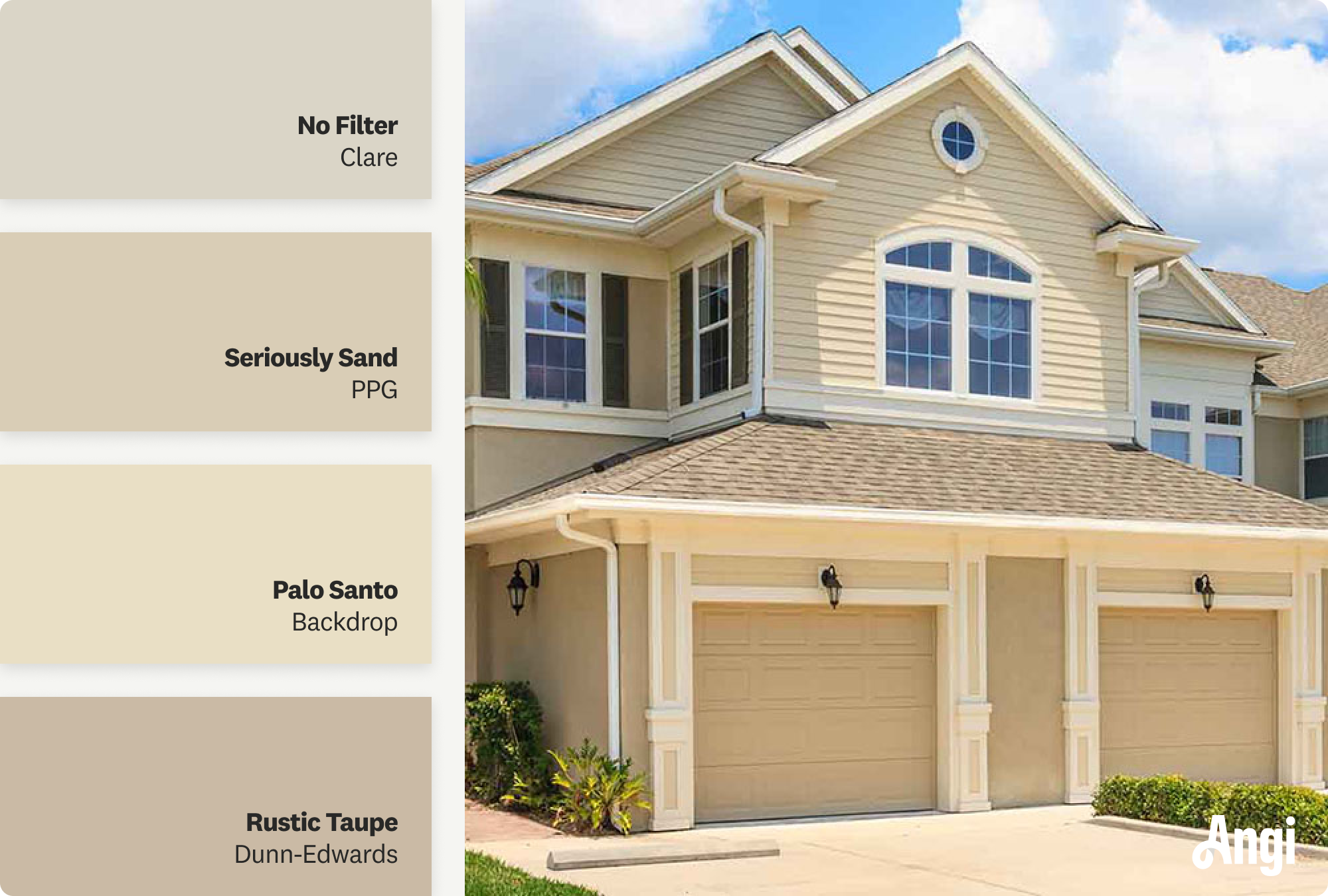 Duplex homes with beige garage doors, including different tones of beige paint