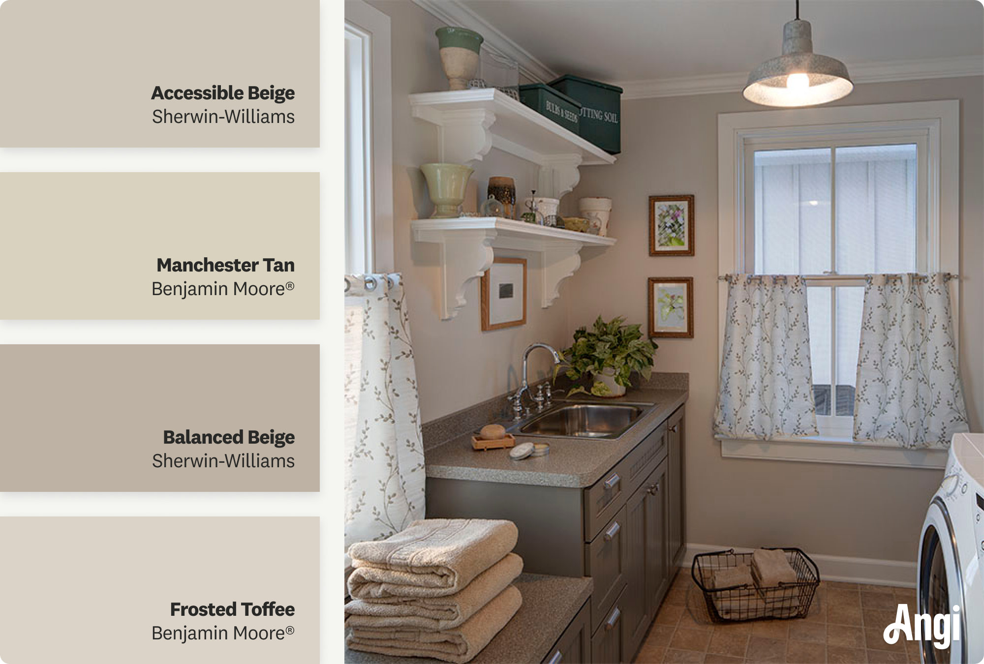 Laundry room with beige walls and white trim, including different tones of beige paint 