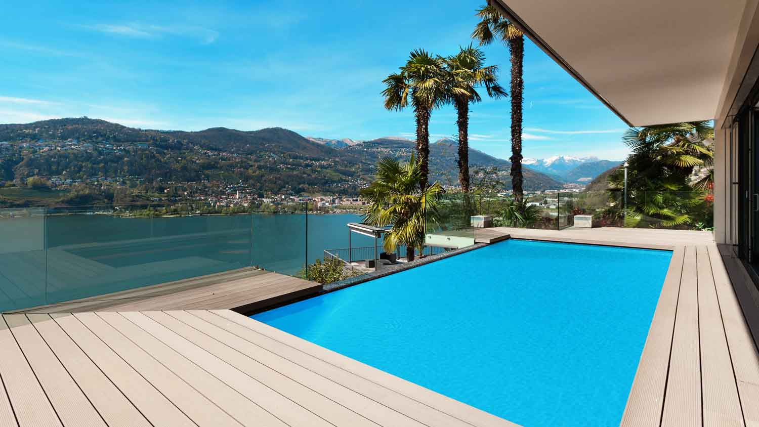 neutral color pool deck with a view