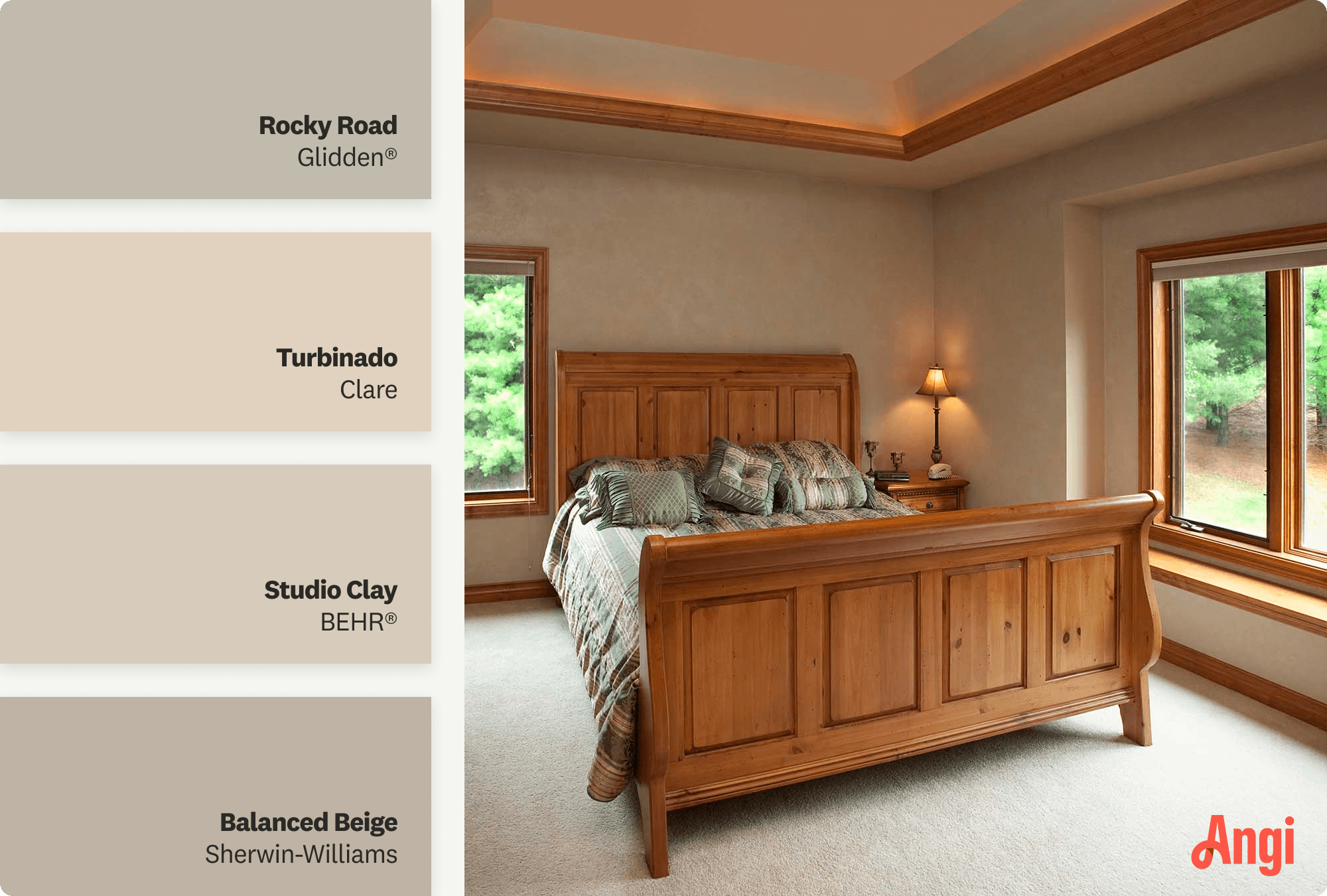 A bedroom with beige walls and pine trim, including different tones of beige paints