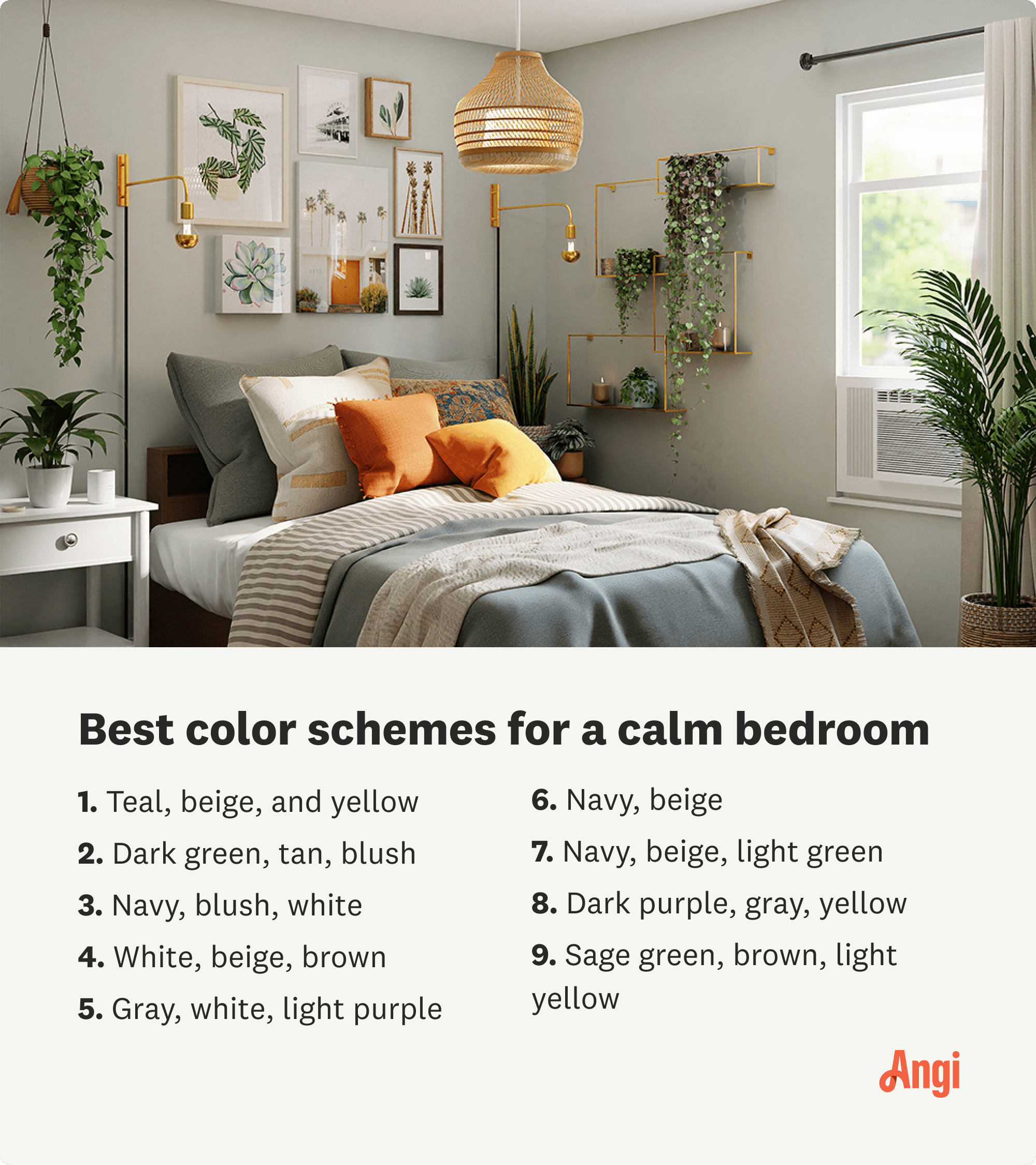 9 best color schemes for a calm bedroom, including sage green, brown, and light yellow