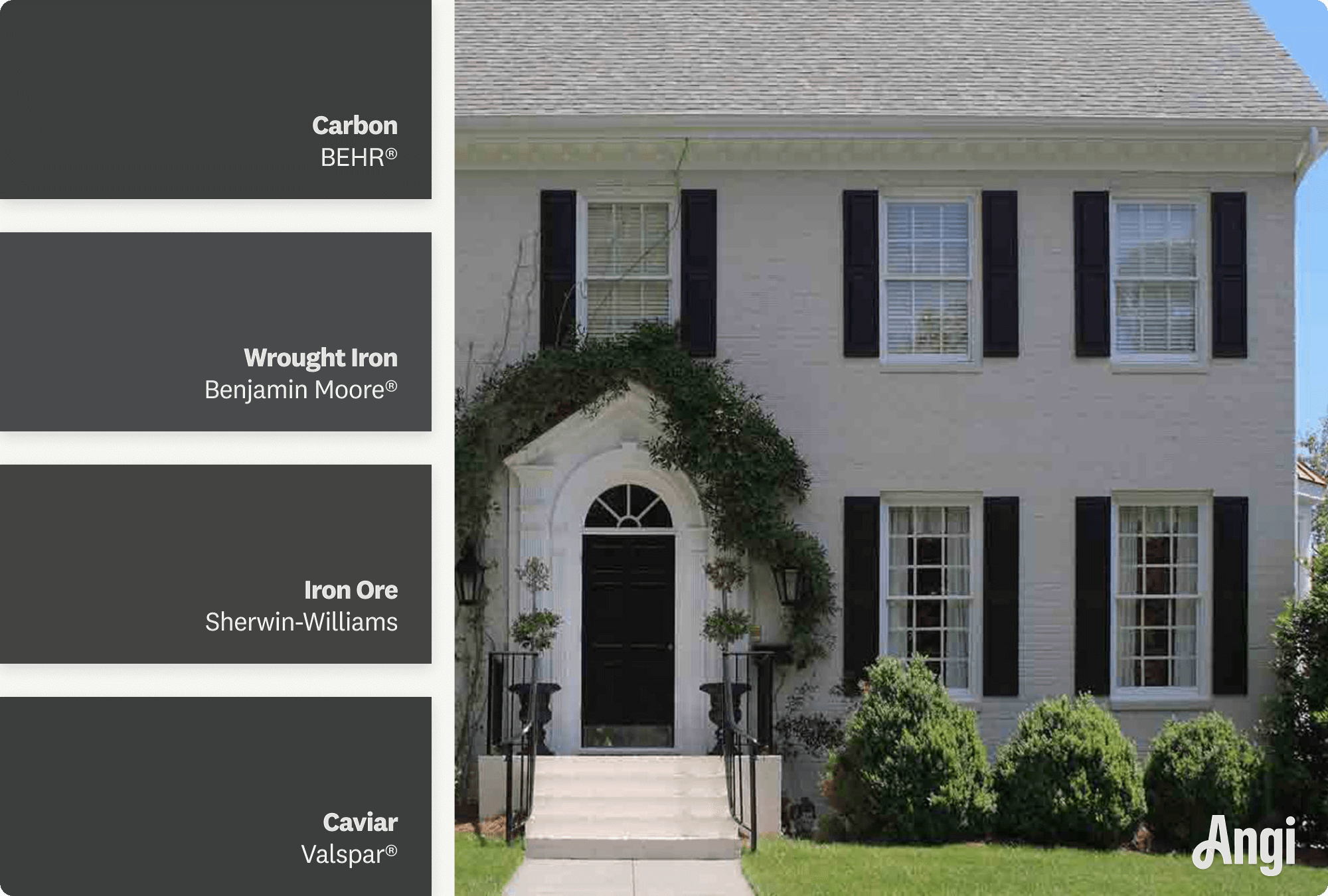 White colonial home with black shutters, including different tones of black paint