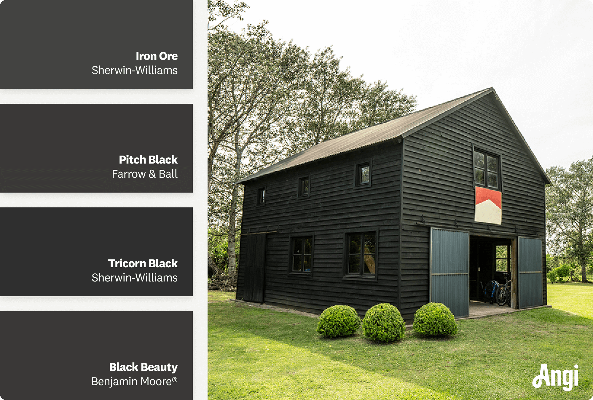 Barndominium painted in black, including different tones of black paint
