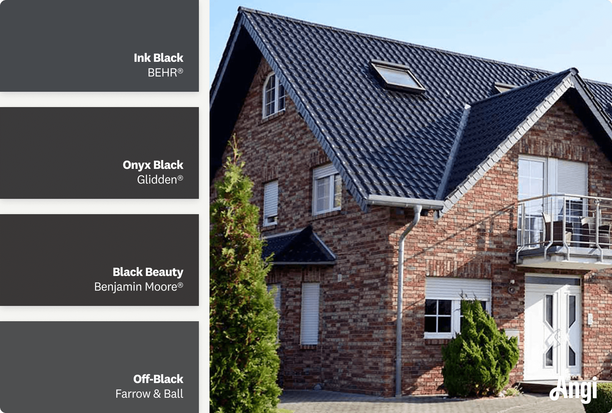 Two story brick home with black roof, including different tones of black paint