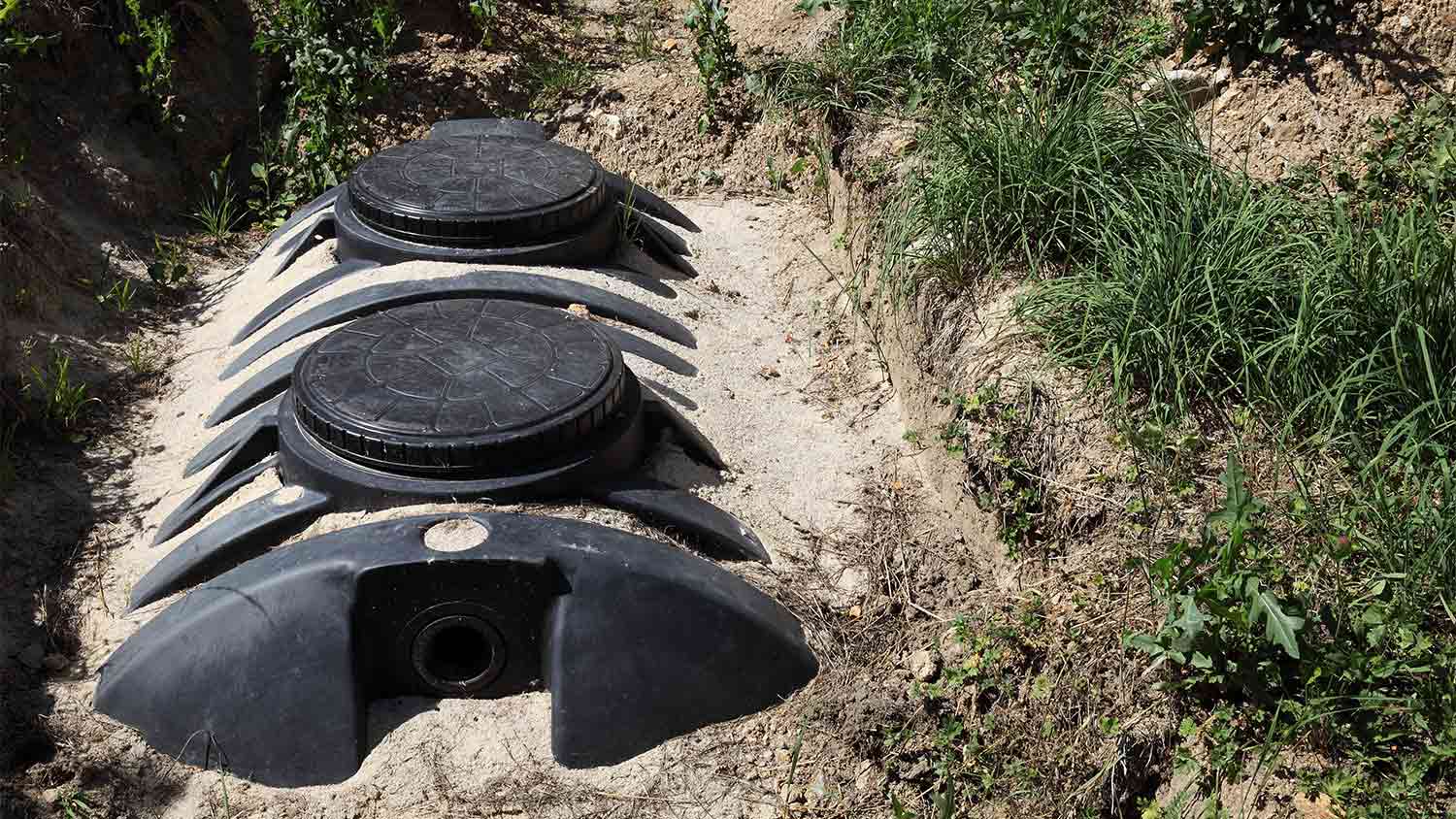 A view of a black septic tank