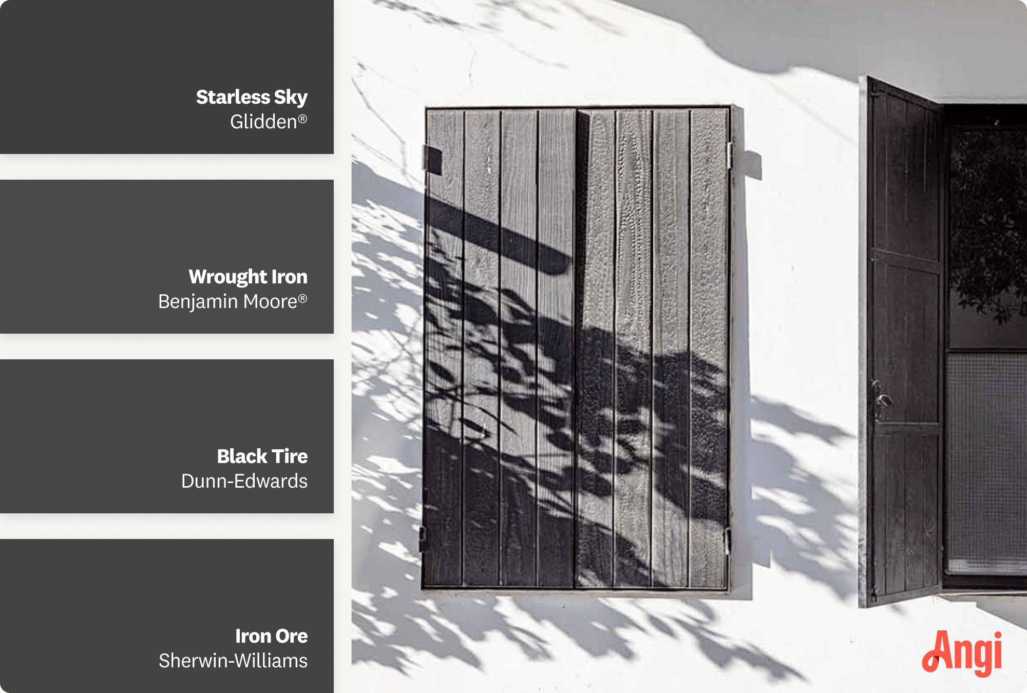 Black wooden window shutters on white exterior, including different tones of black paint