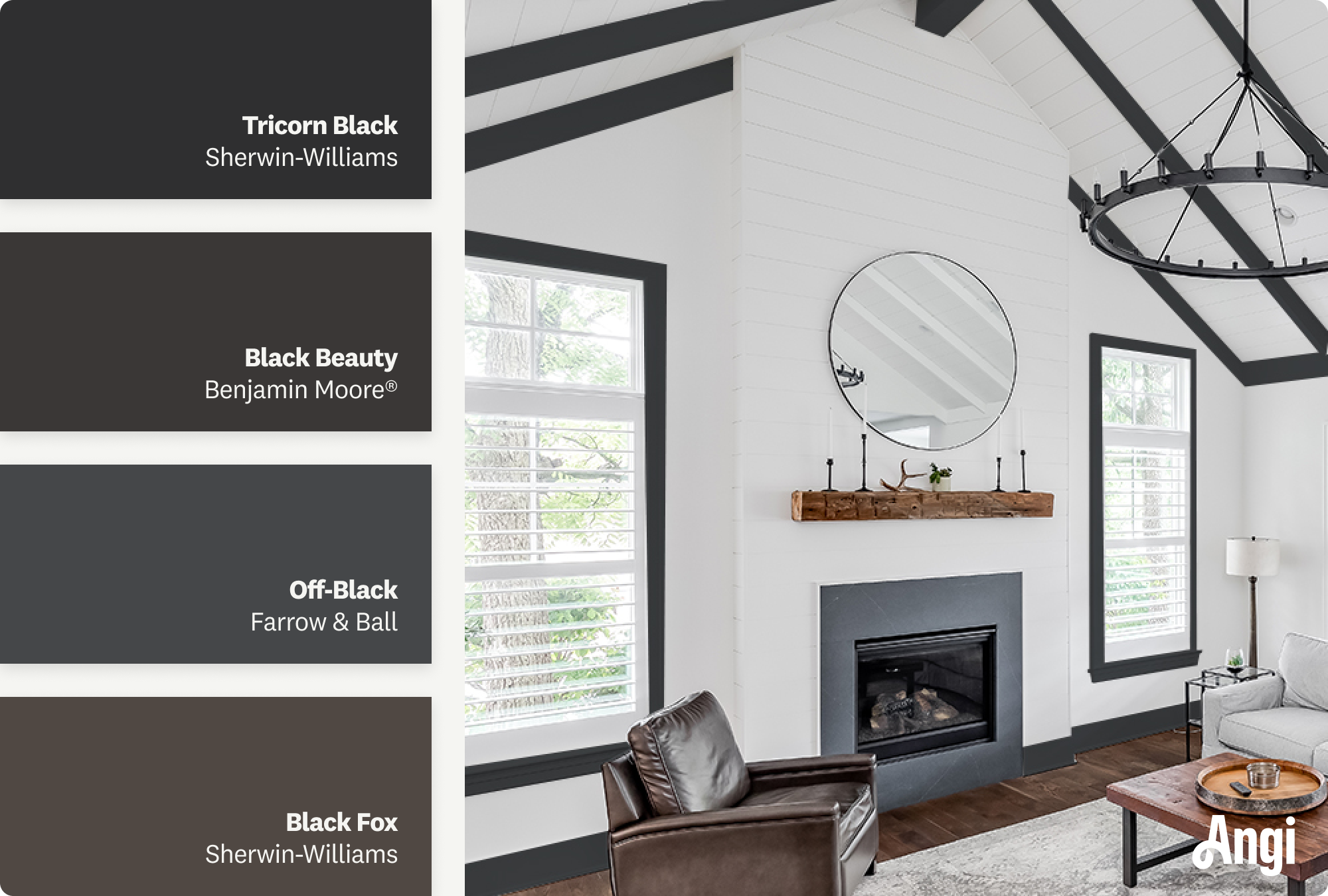 Black trim with white walls, including different tones of black paints