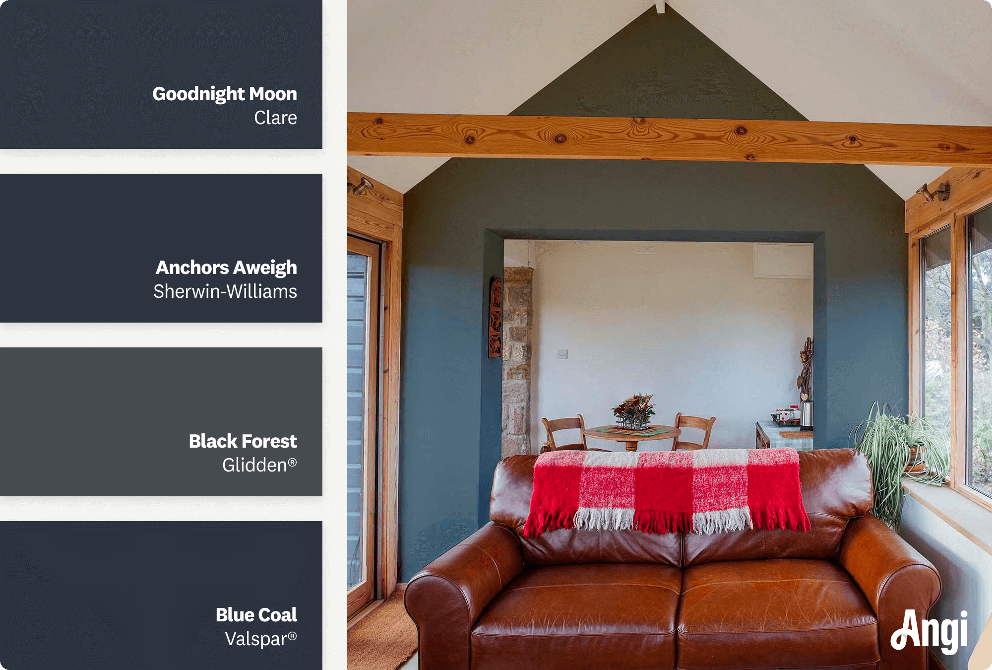 A living room with black walls and wood trim, including different tones of black paints