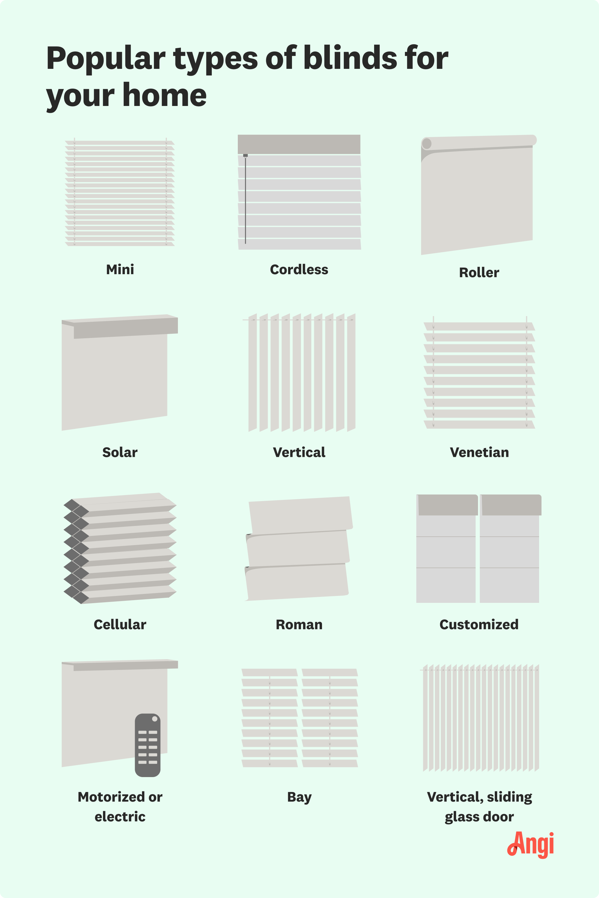 12 popular blind types illustrated and compared, including bay, Roman, solar, and Venetian