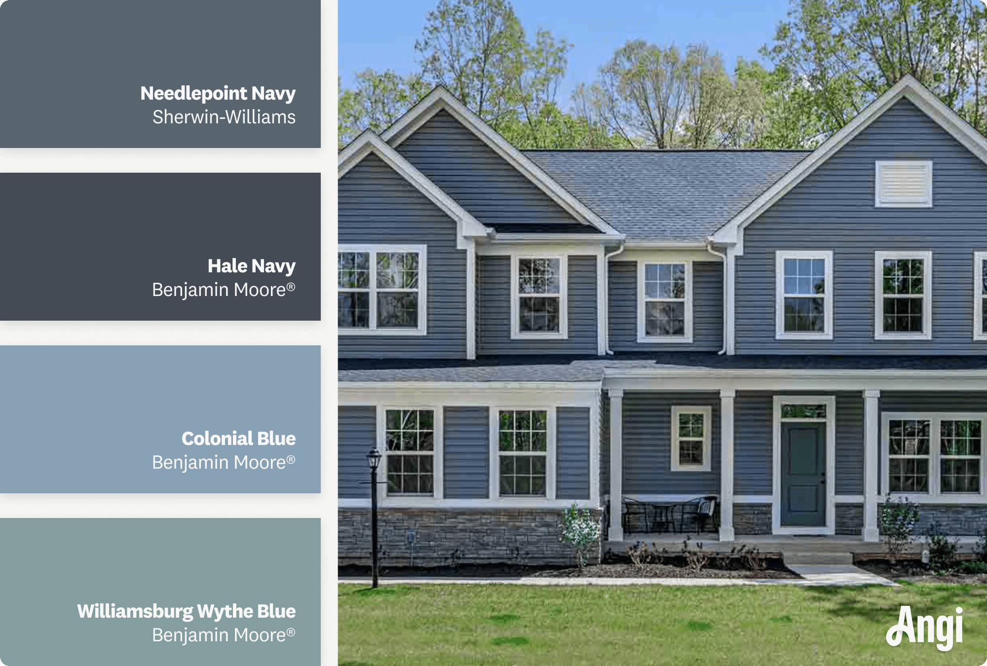 Blue colonial home, including different tones of blue paint
