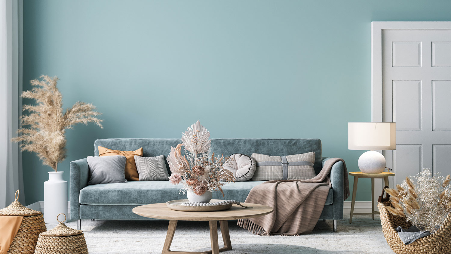Blue living room with blue sofa