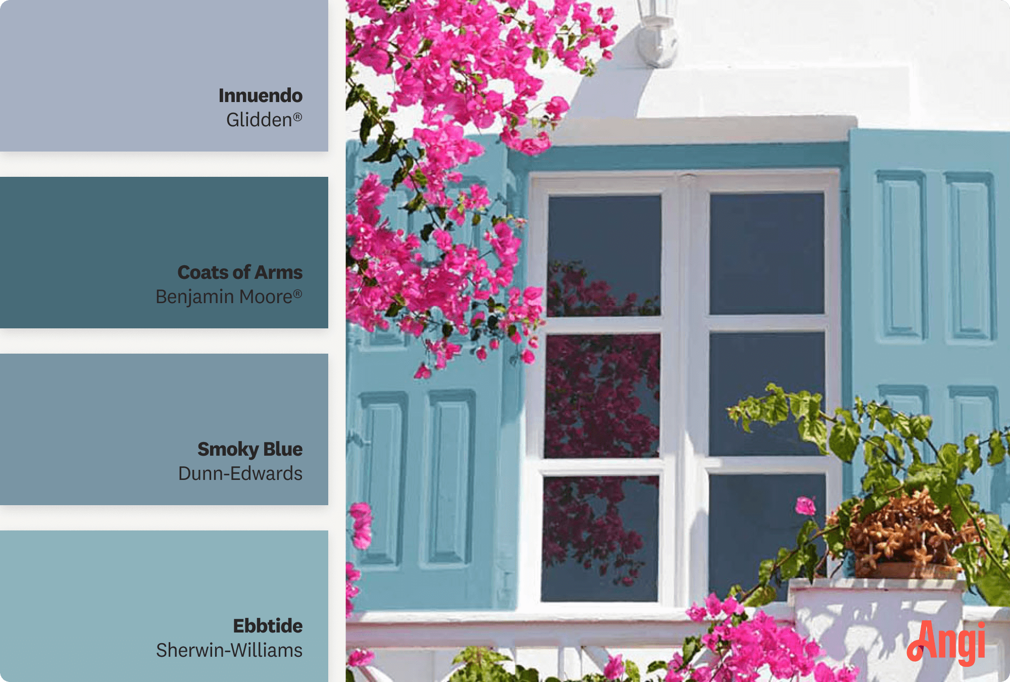 Window with muted blue shutters surrounded by a bougainvillea, including different tones of blue paint