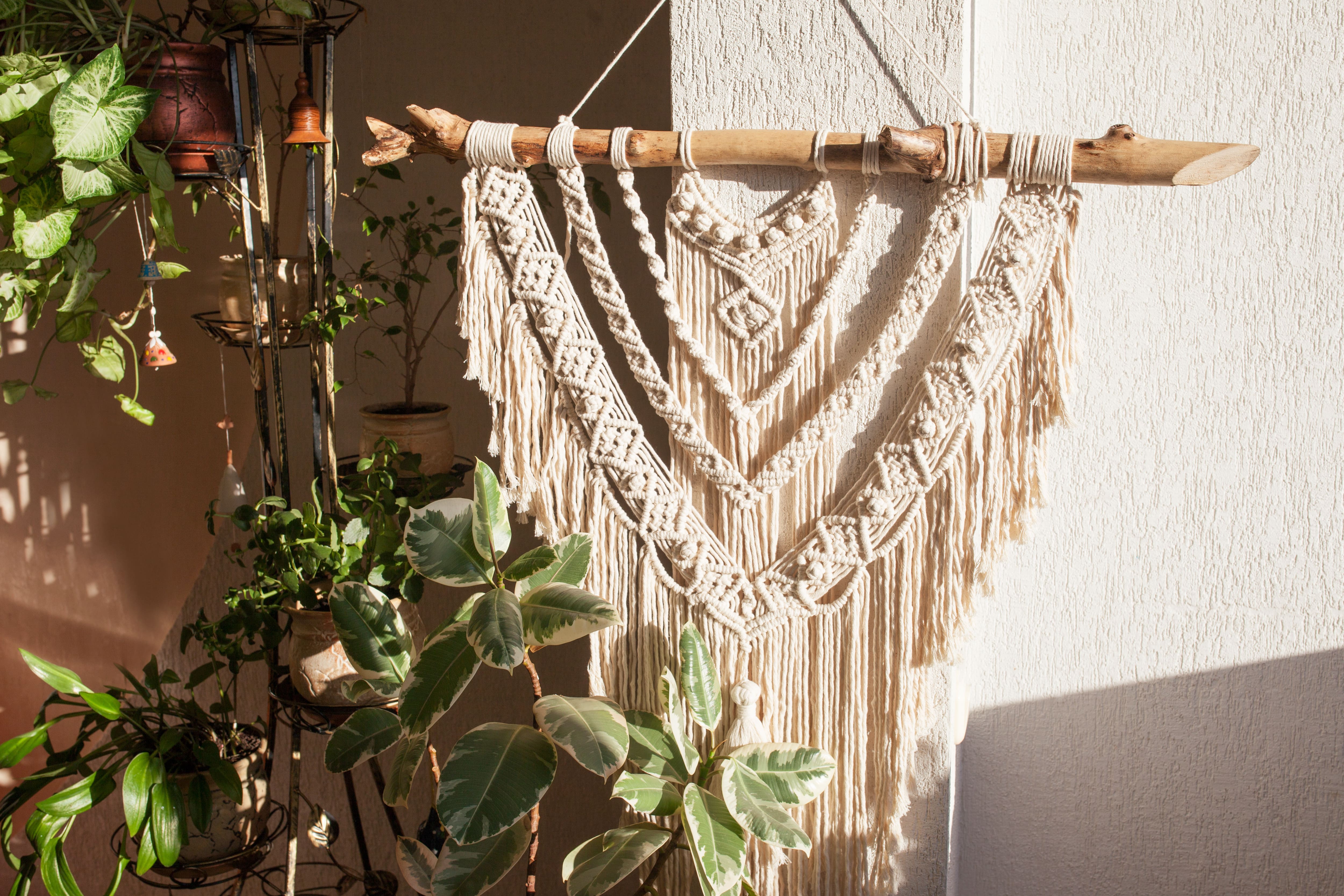 Macrame wall hanging next to outdoor plants