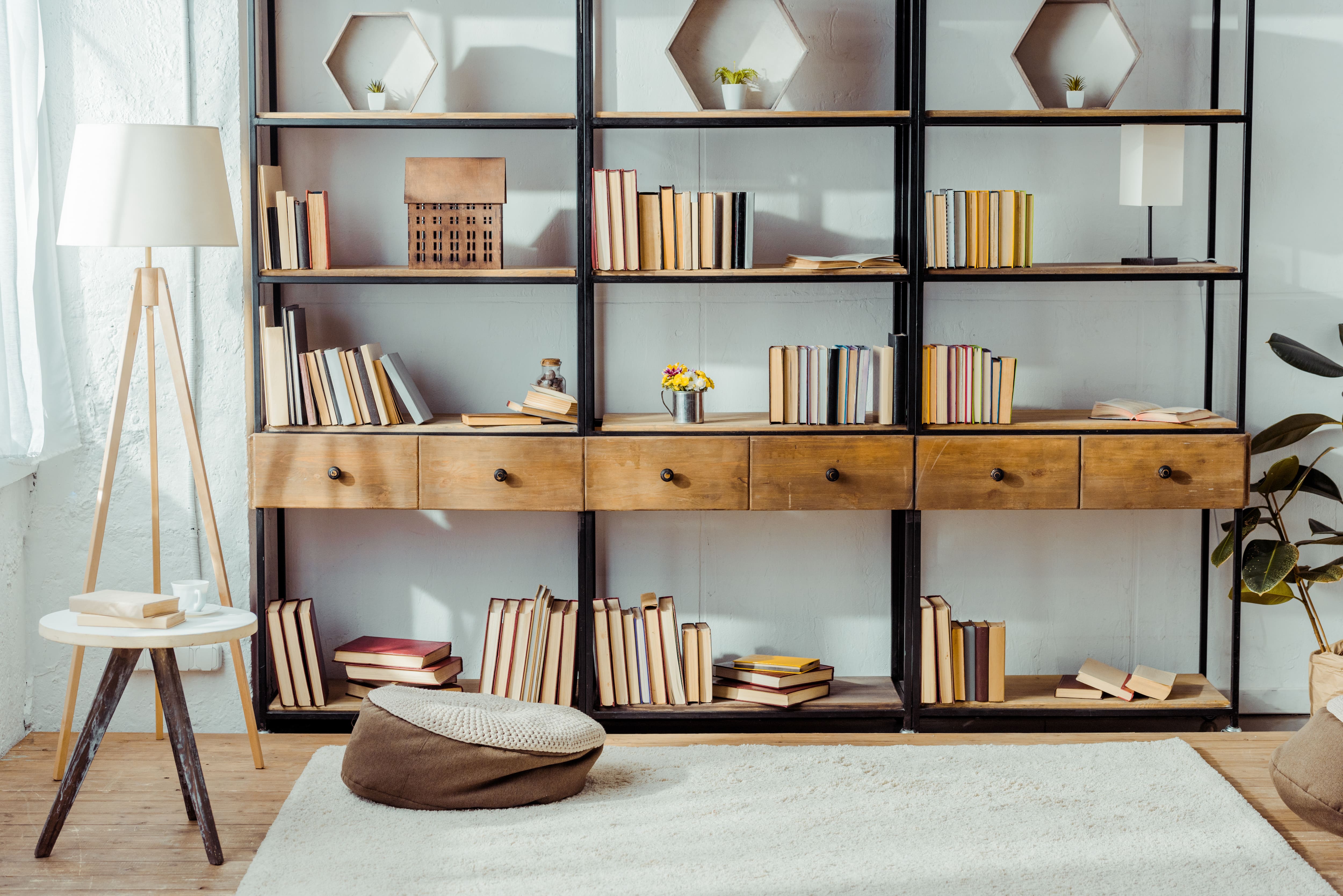 Open shelving bookshelf in living space