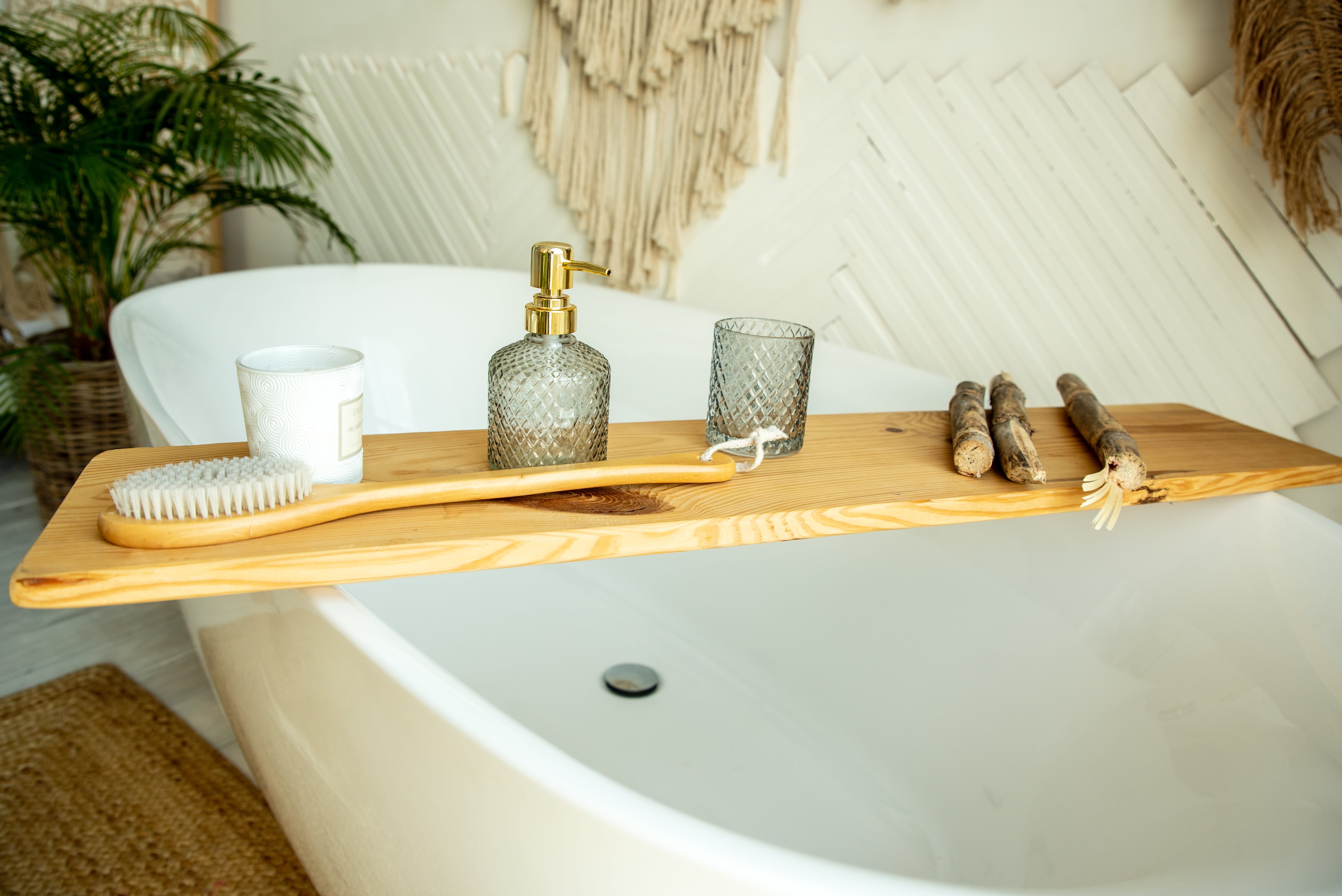 Wooden bath caddy in boho-inspired bathroom