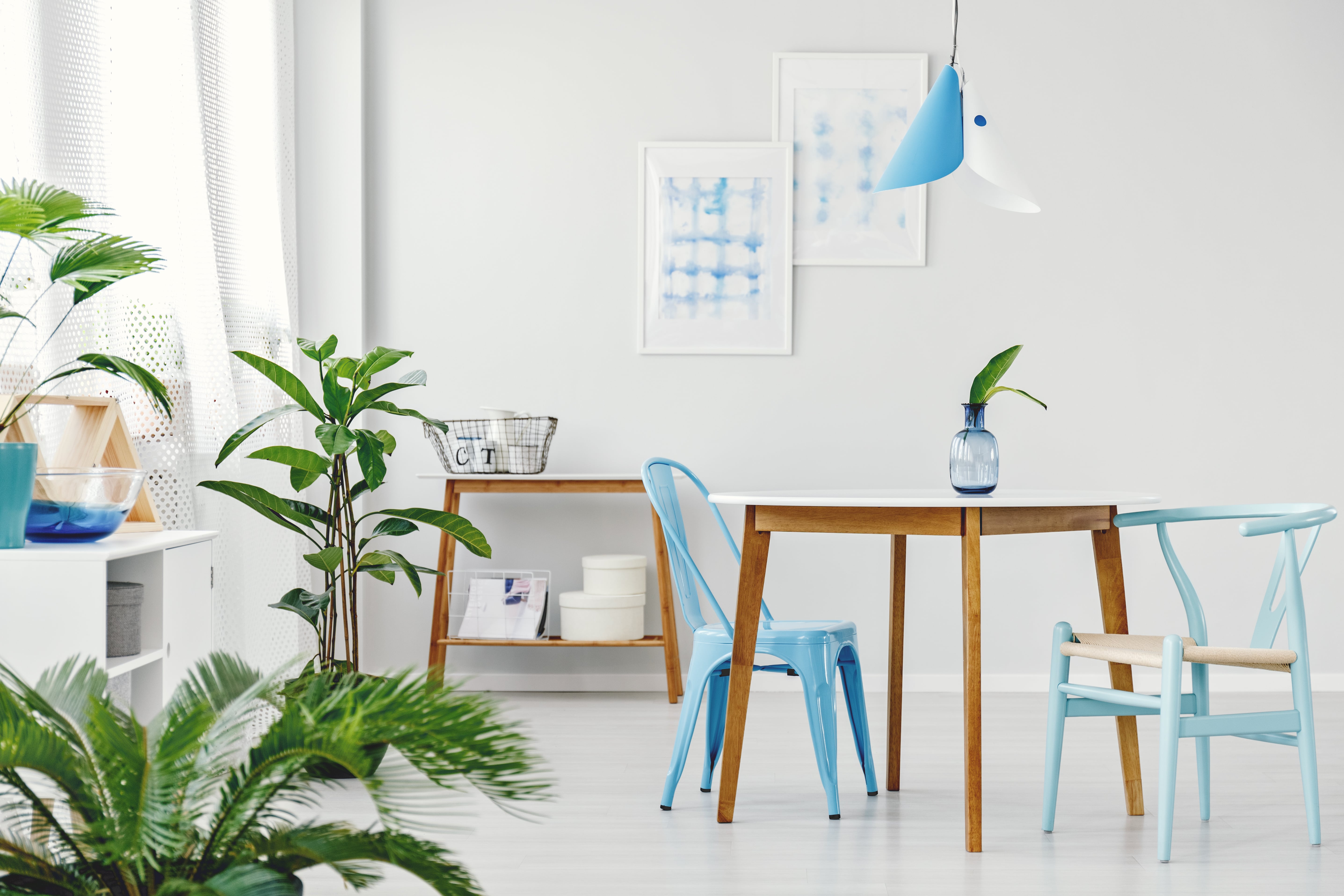 White and blue boho-inspired dining room