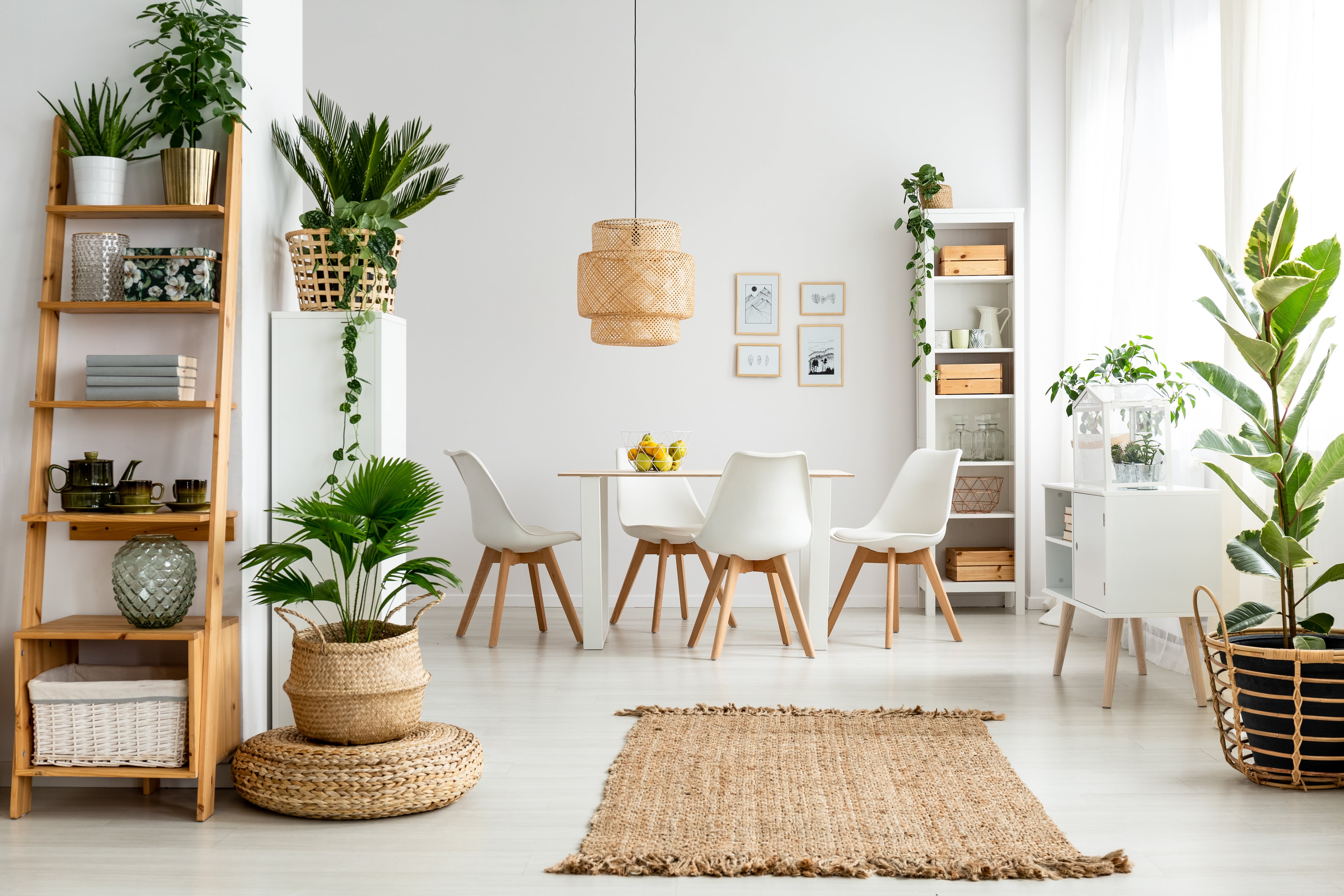 Wicker pendant light in boho-inspired dining room