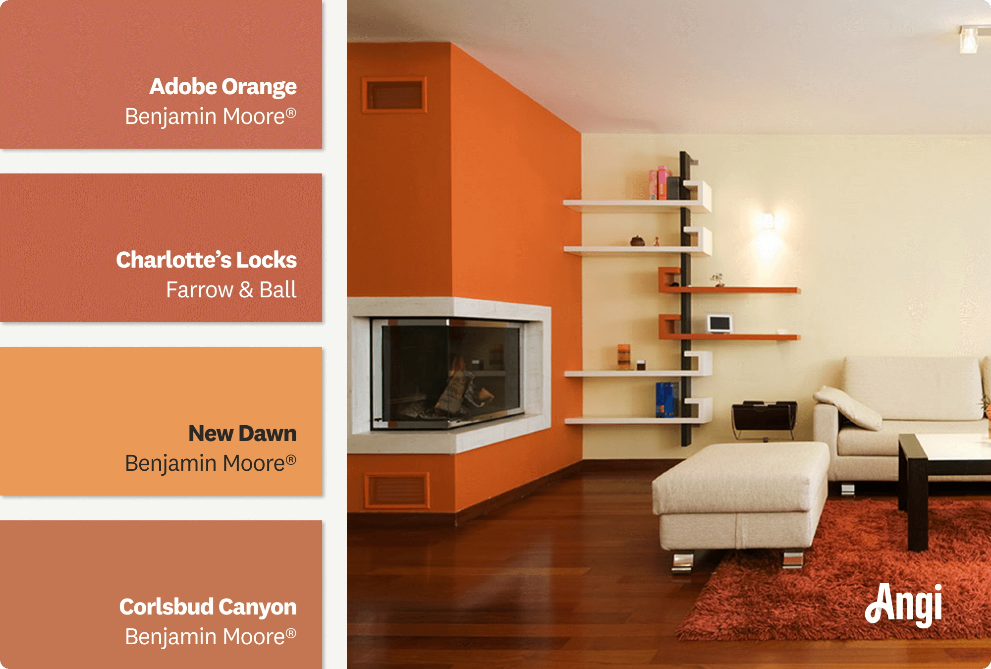 Living room with orange accent wall, including different tones of bold orange paint