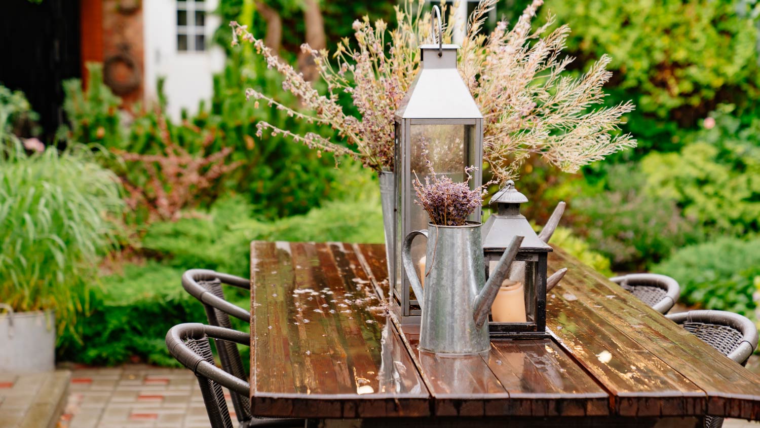 Bouquet of dried flowers on a wet table