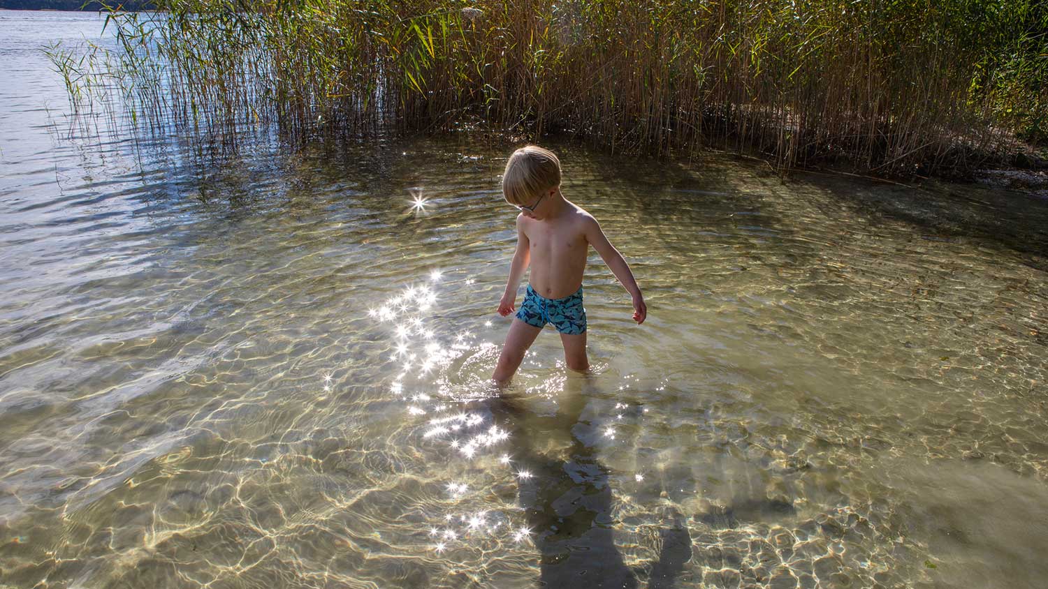 Young boy swimming in a clear lake