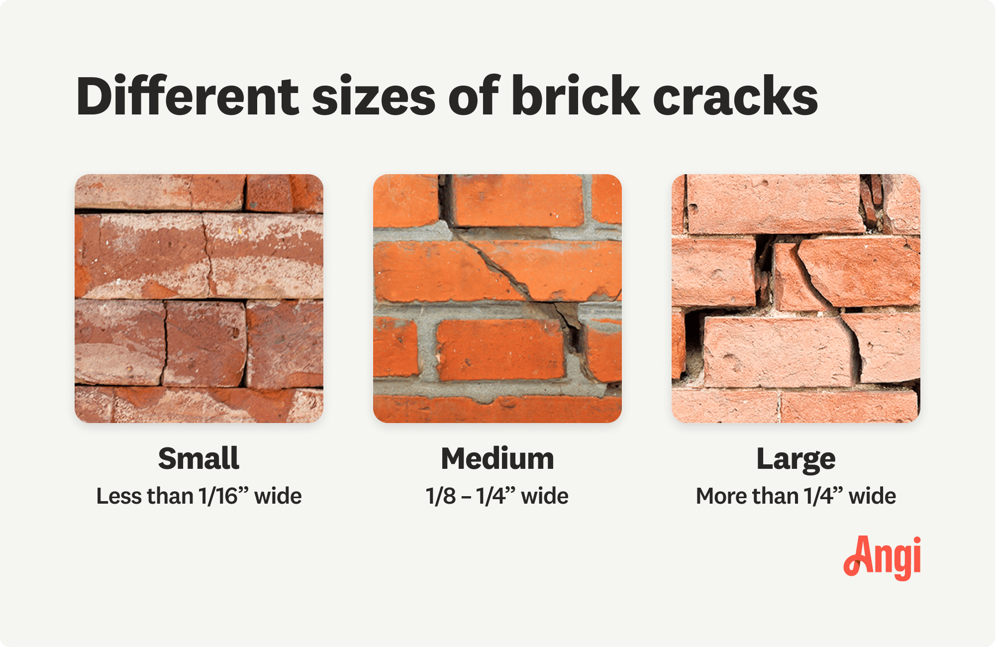 Small, medium, and large brick sizes compared, with large cracks being more than 1/4 of an inch wide