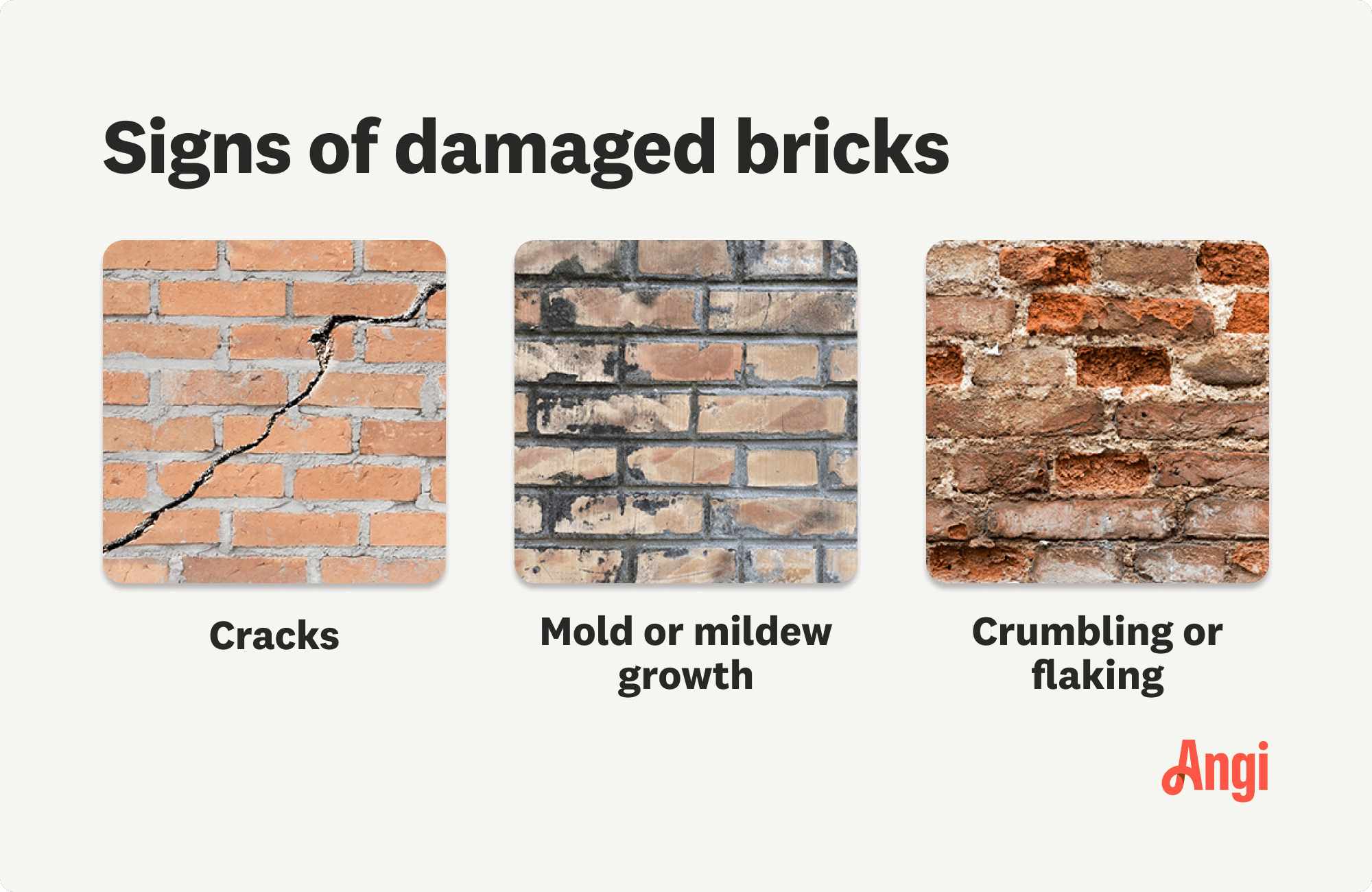 3 brick damage signs compared visually, including cracked and crumbling or flaking