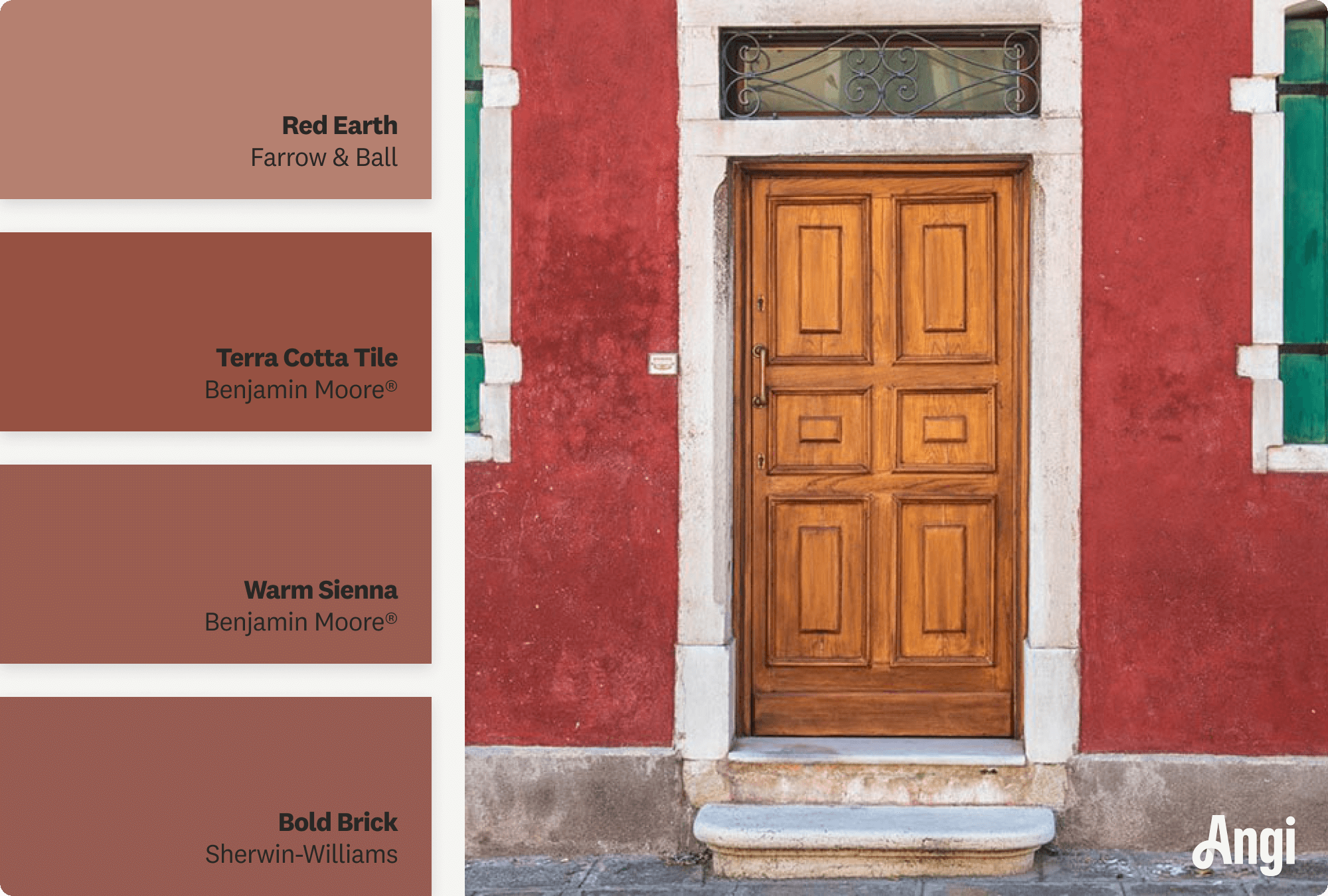 A brick red front entrance of a house, including different tones of red paint