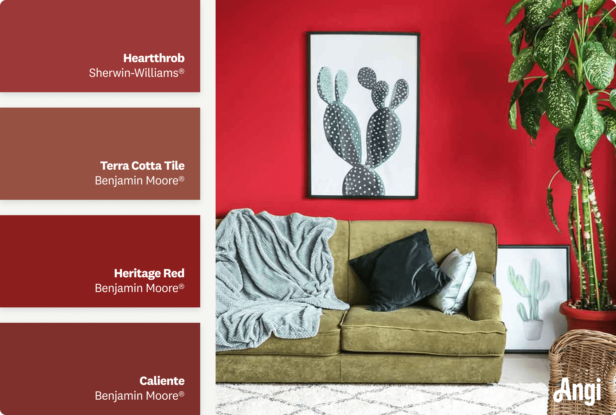 Modern living room with red accent wall, including different tones of brick red paint
