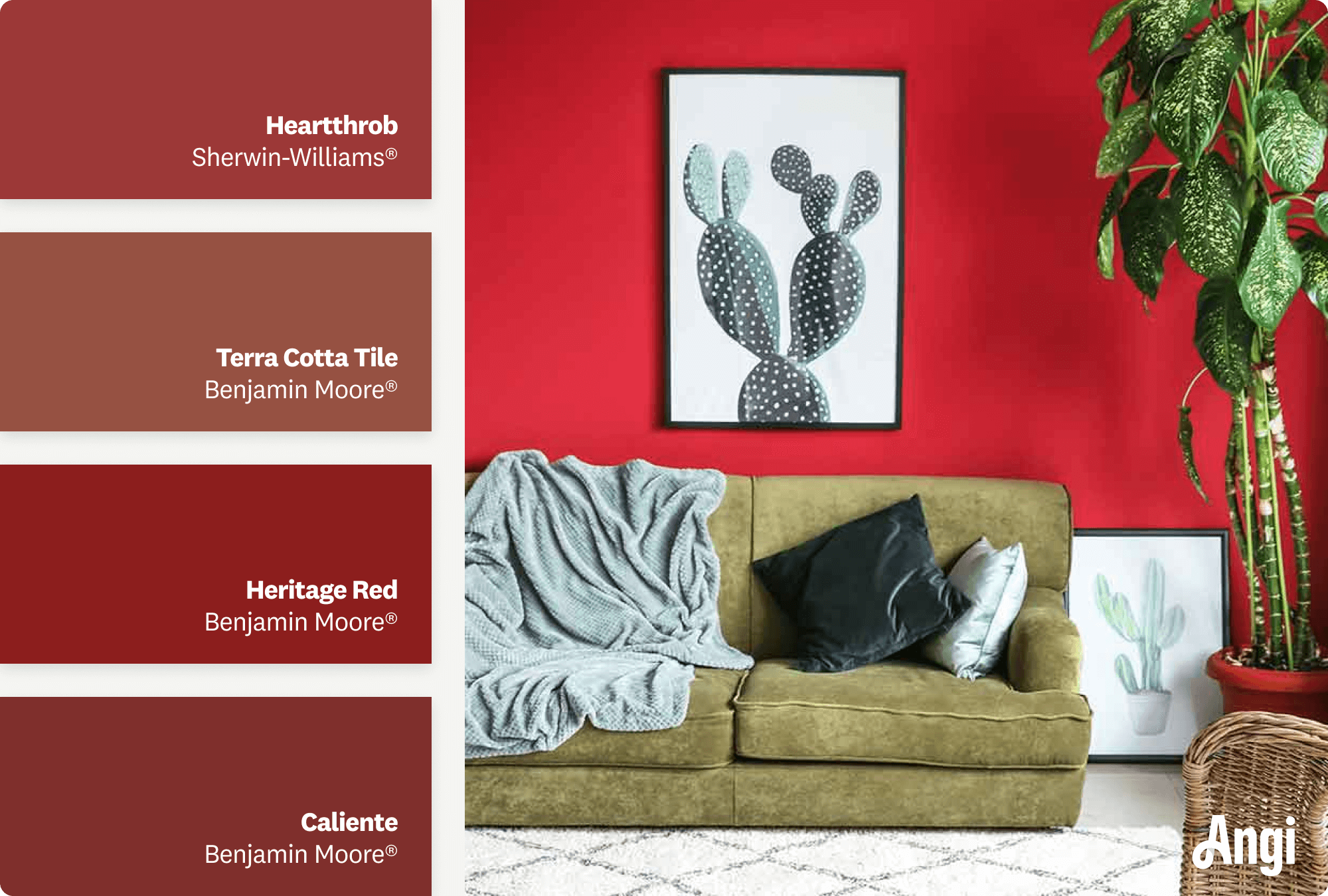 Modern living room with red accent wall, including different tones of  brick red paint