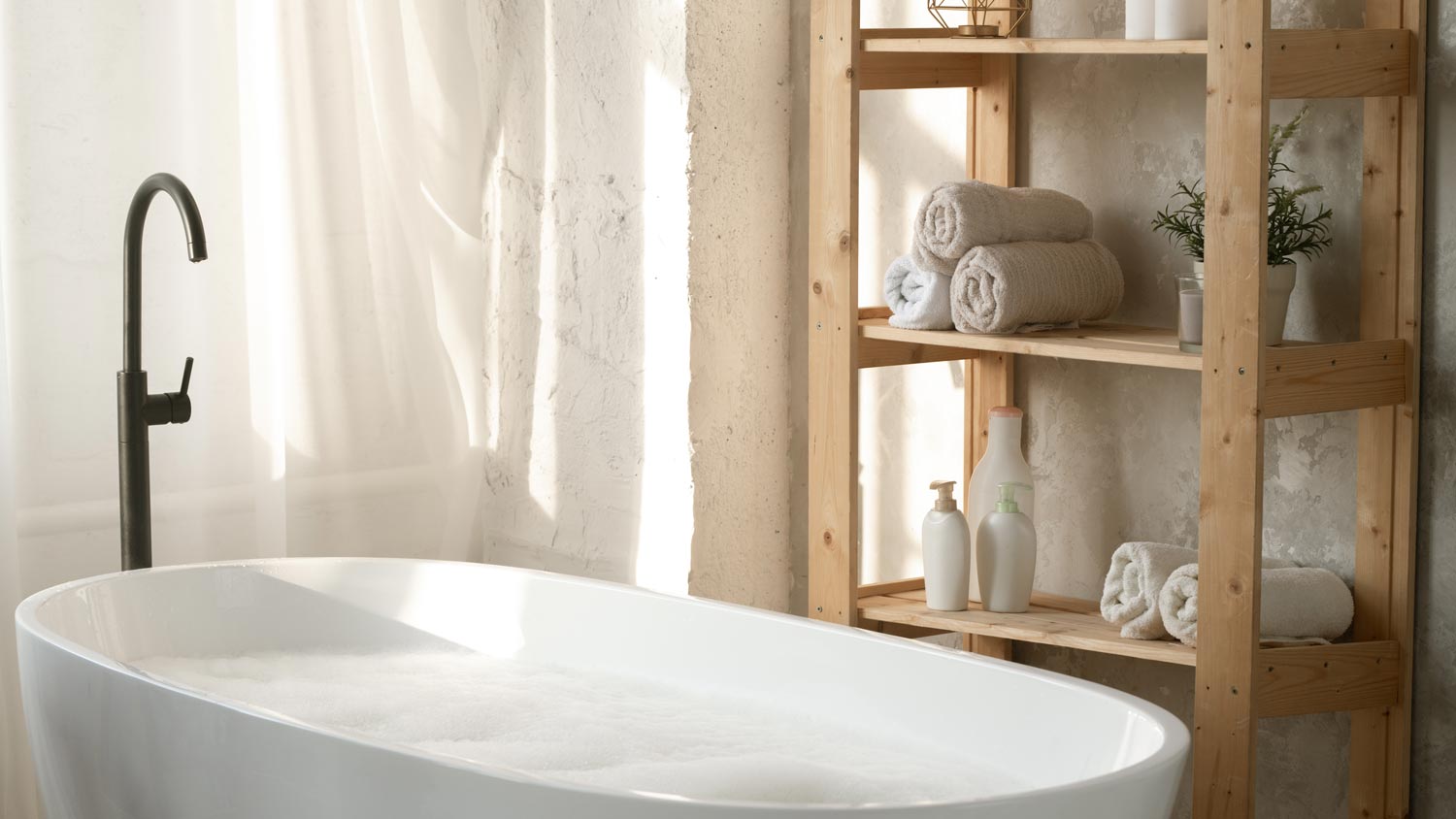 A bright bathroom with a white porcelain bathtub