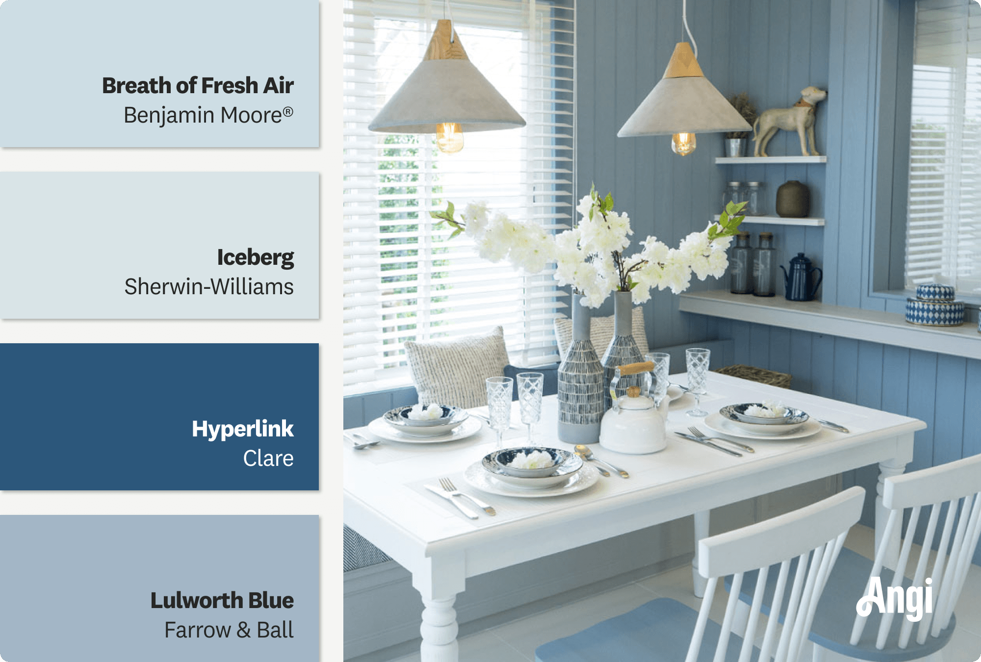 Cozy blue beach breakfast nook, including different tones of bright blue paint