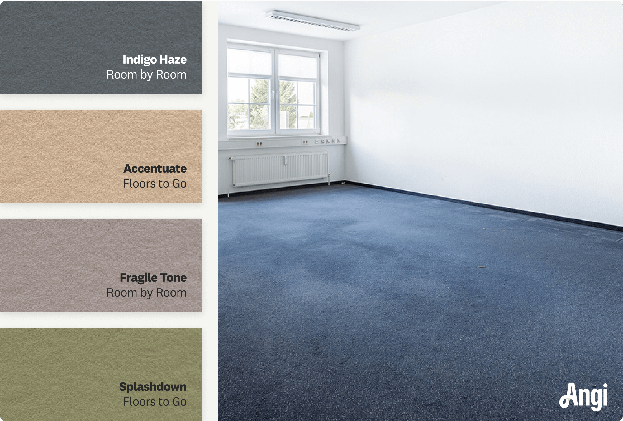 4 bright eye-catching carpet colors compared, with an example of a bright white room with brilliant blue carpet