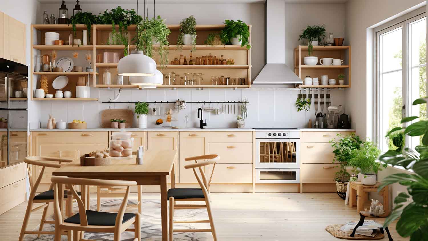 A bright kitchen with wooden cabinets