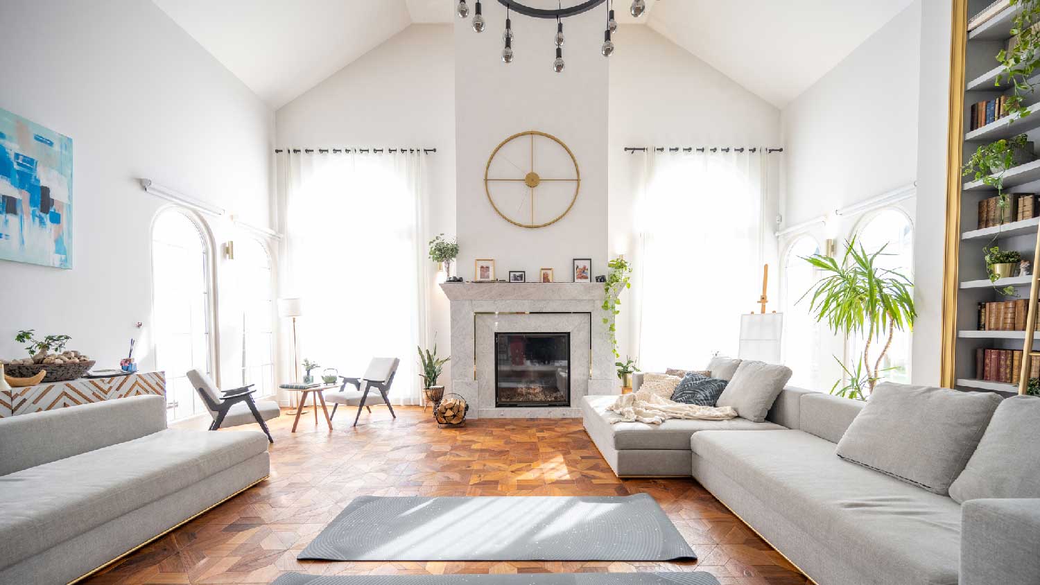 A bright living room with a cathedral ceiling