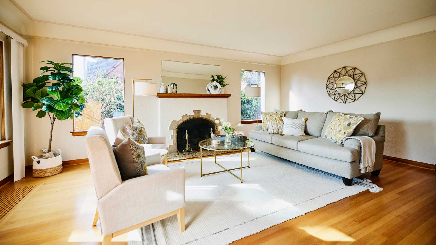 A bright living room with large windows