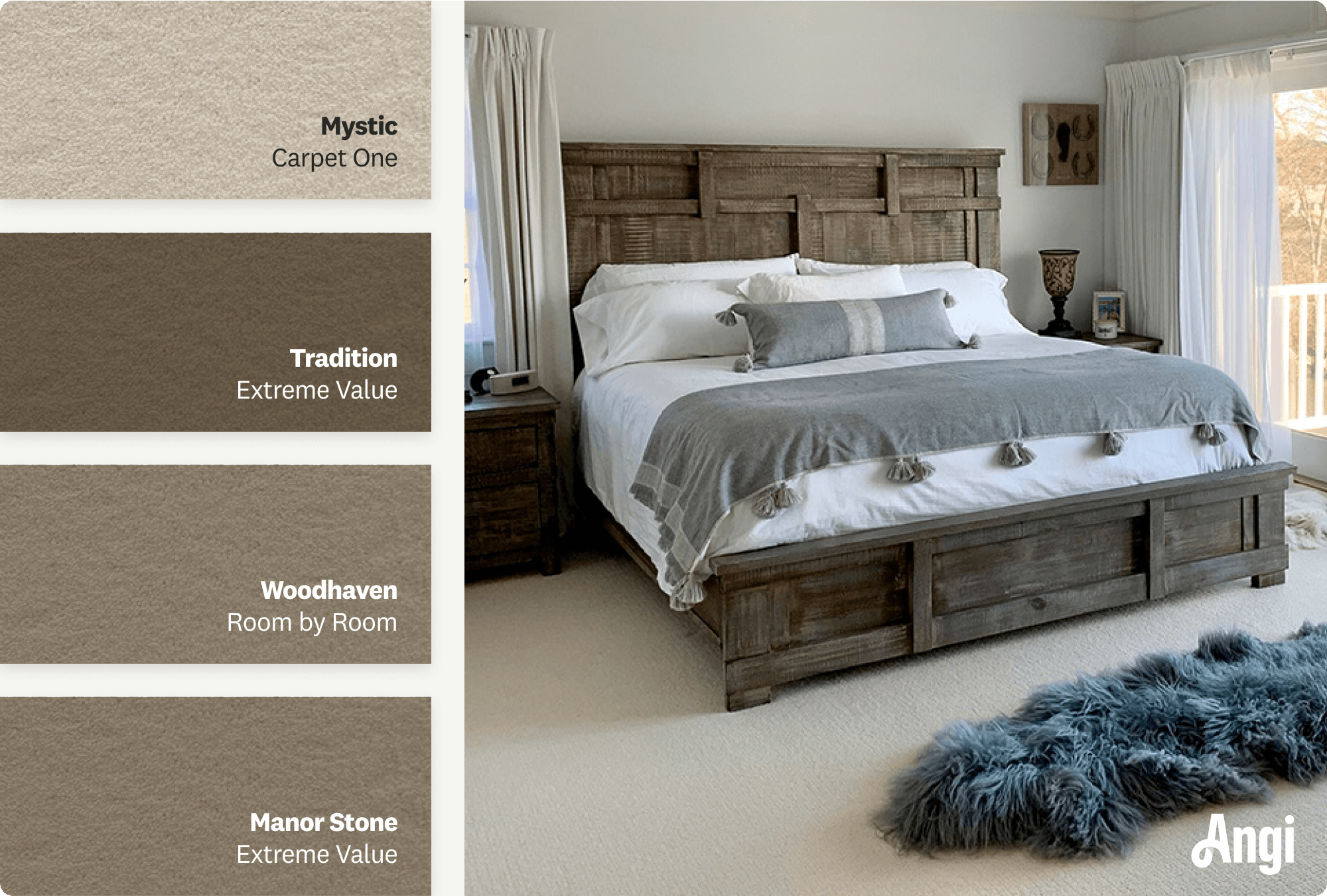 4 brown carpet colors compared, with an example of a bedroom with wood furniture and brown carpet