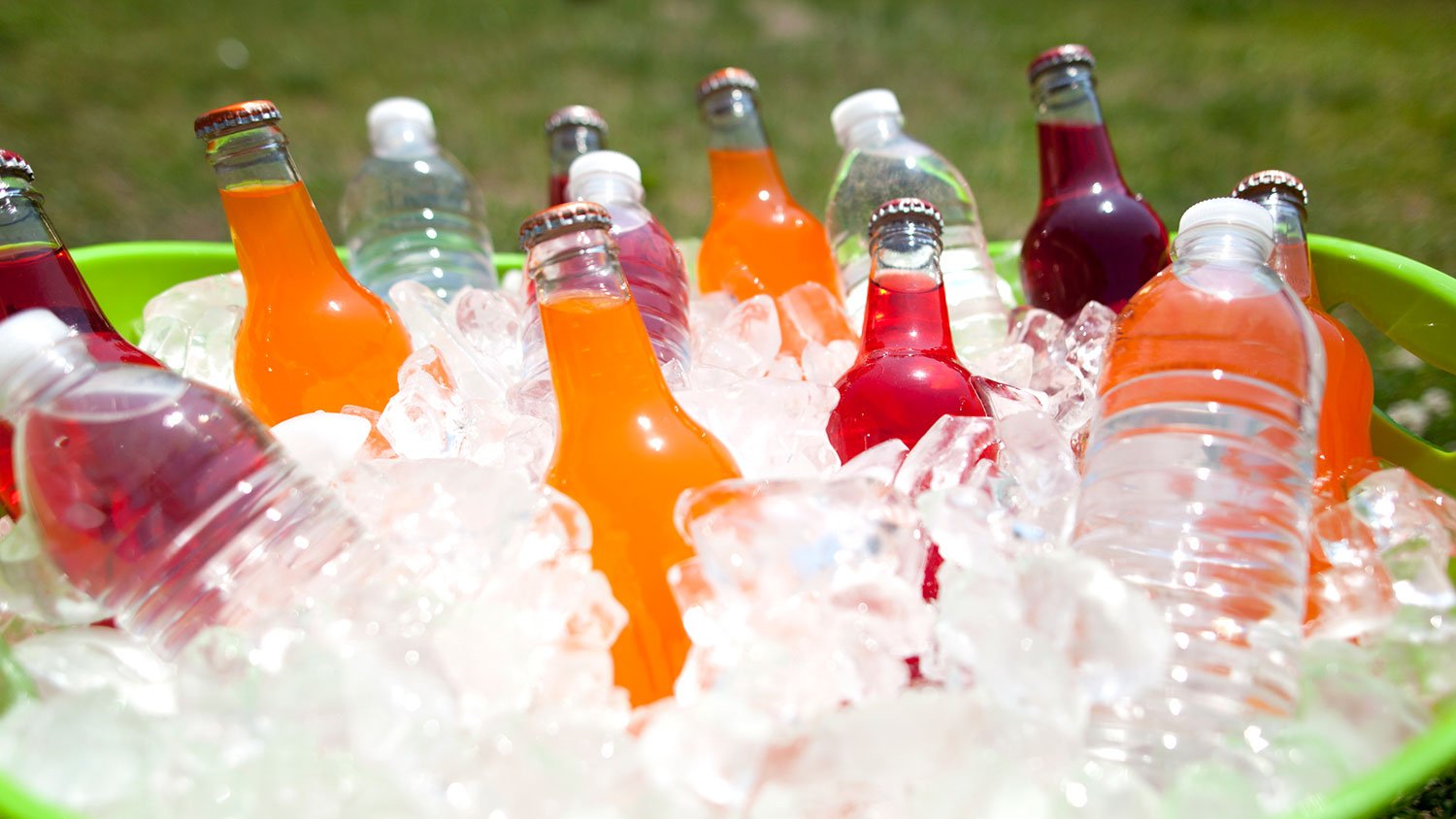 Green bucket filled with ice and drinks