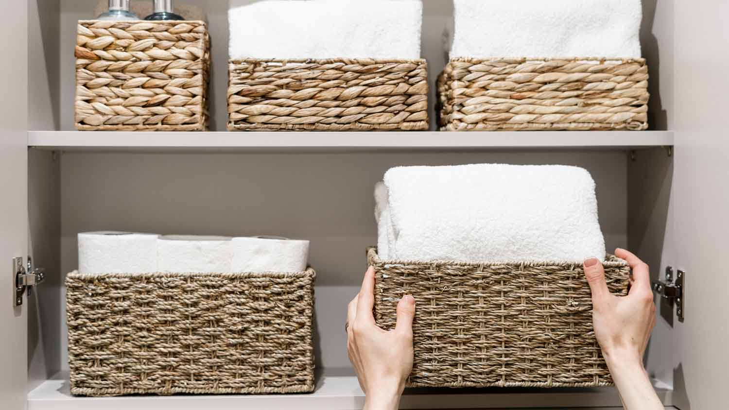 built in linen closet in bathroom