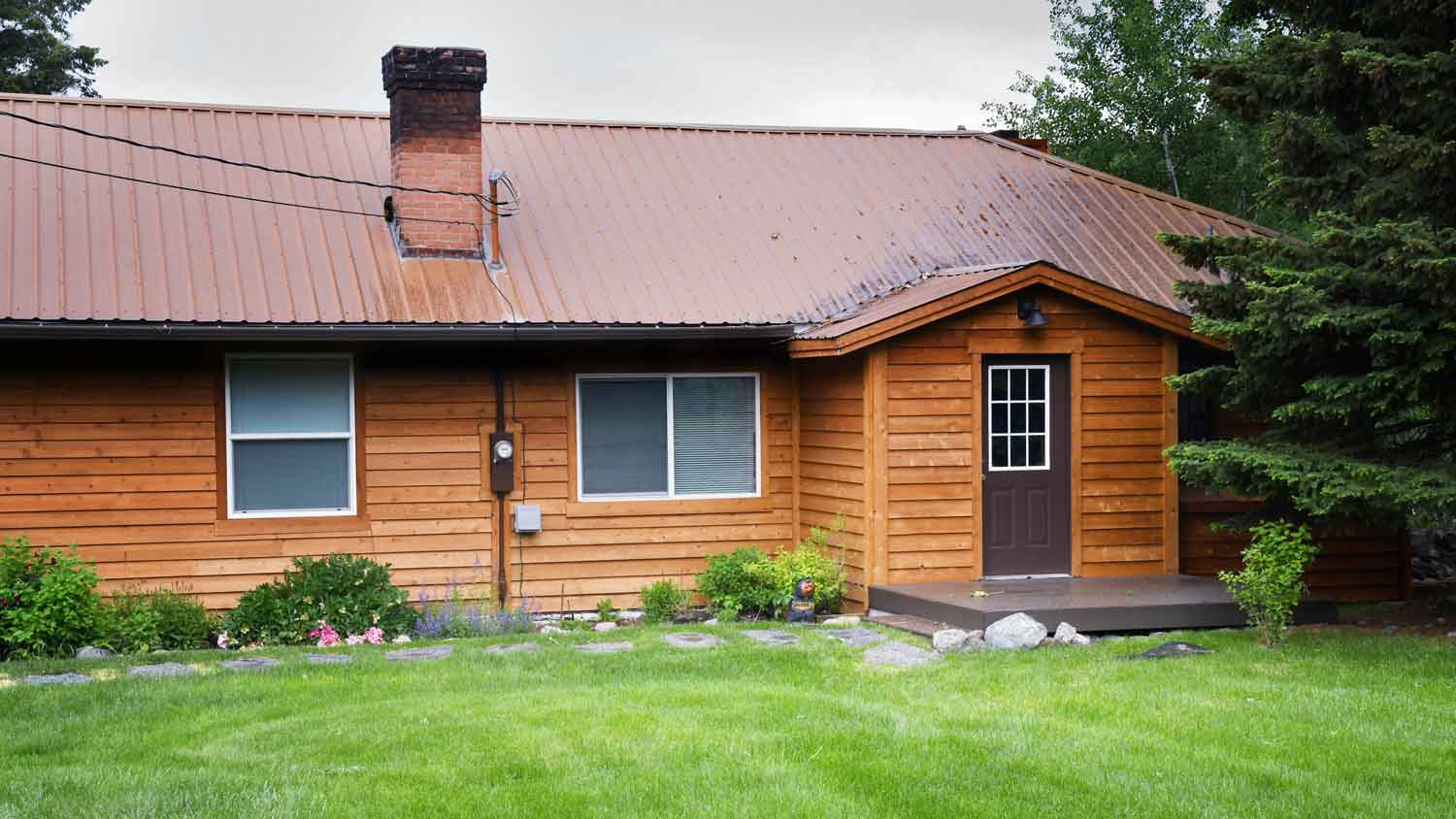 A cabin amongst trees with pine wood siding