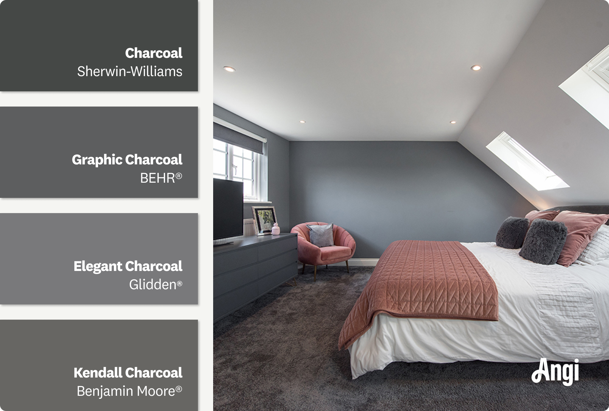 A gray modern bedroom with large windows, minimalist furniture, and neutral tones, including different tones of charcoal paint