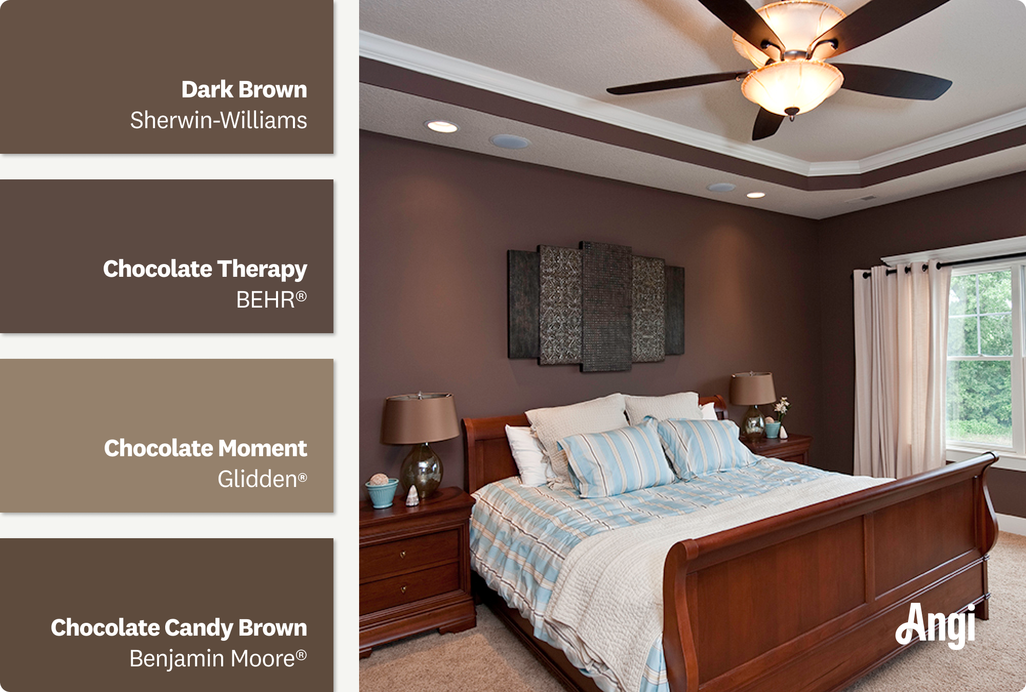 A brown painted designer bedroom features modern furniture, including different tones of deep brown paint