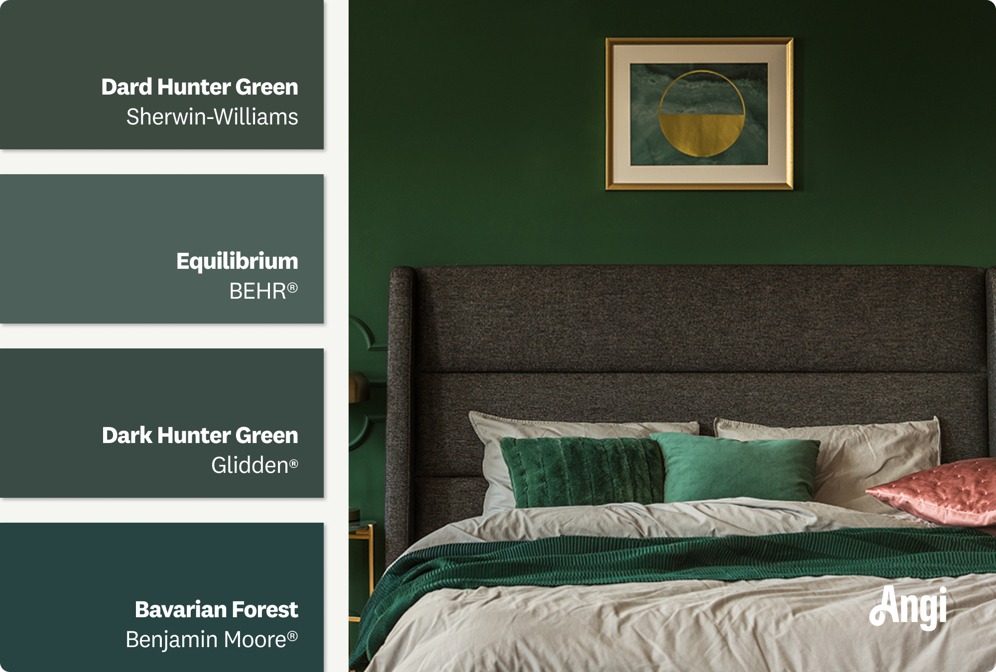 A stylish dark green bedroom with a modern bed, including different tones of hunter green paint