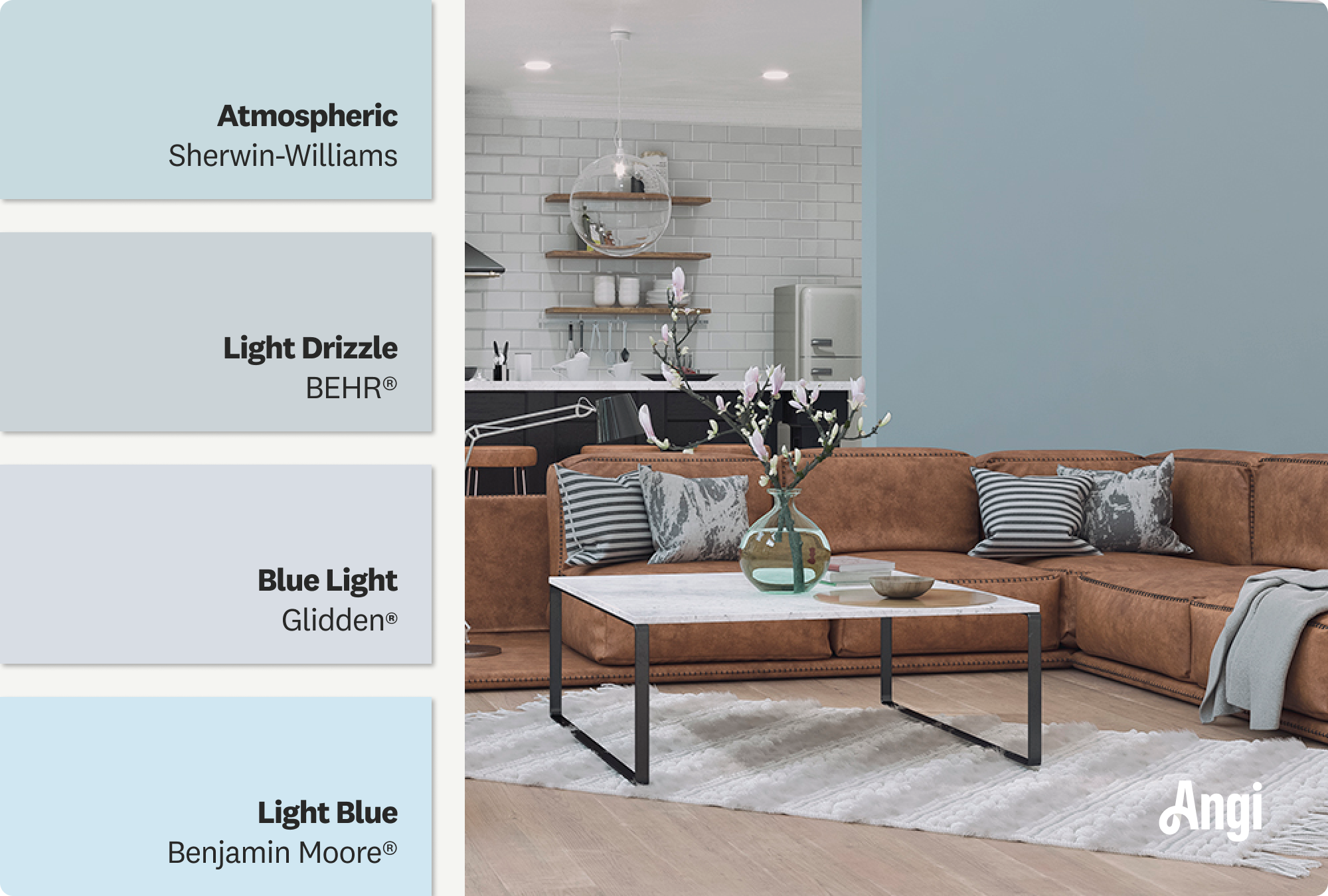 A spacious kitchen and blue painted living room, including different tones of pale blue paint