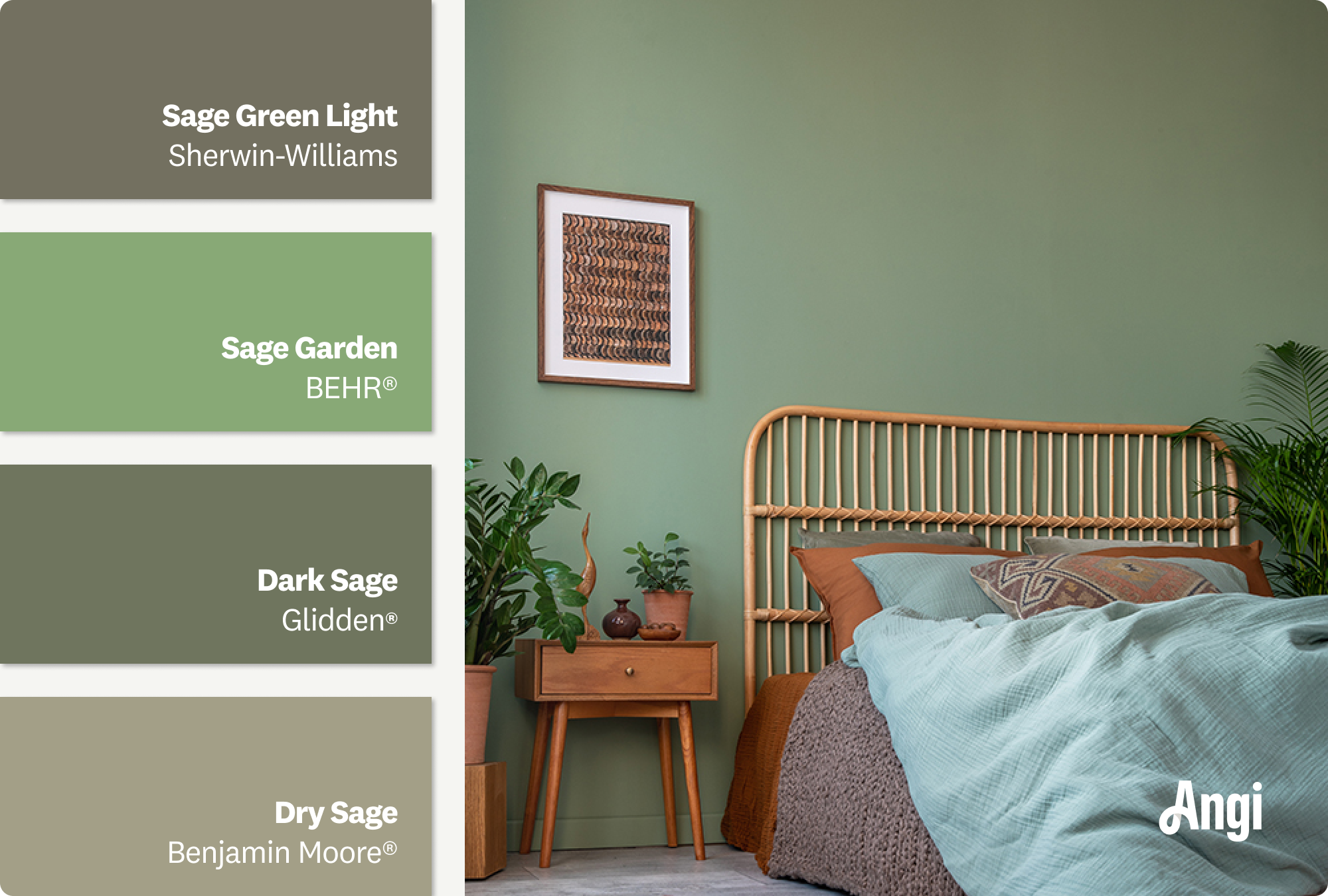 Sage green bedroom with natural wood accents, including different tones of sage green paint