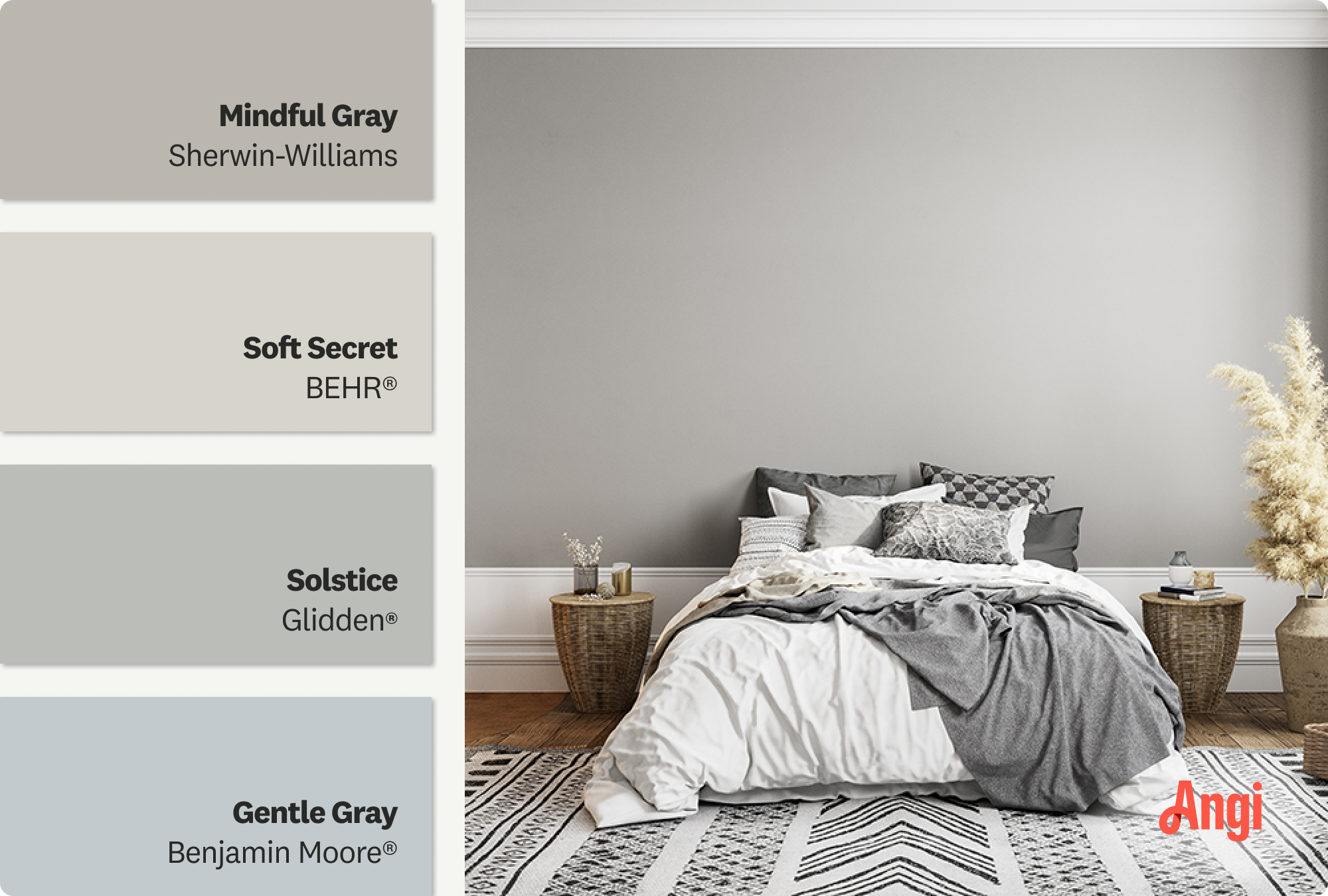 A cozy gray and white bedroom, including different tones of soft gray paint